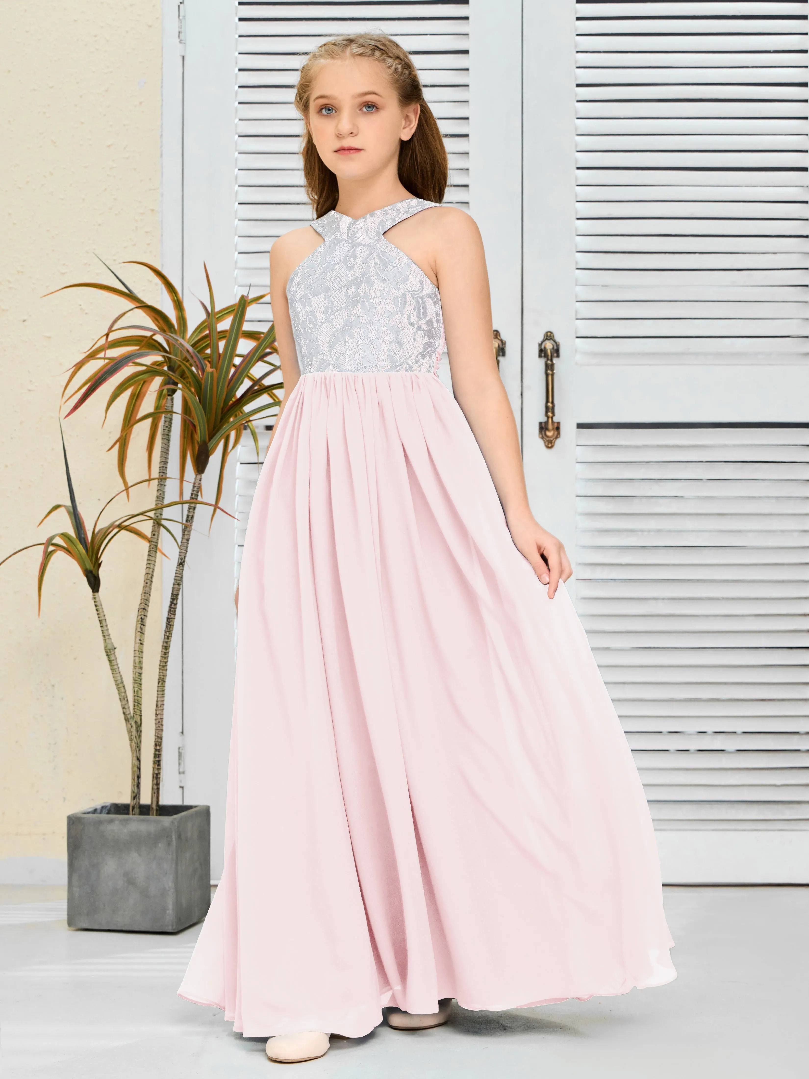 Lace Sleeveless Chiffon Junior Bridesmaid Dress With Belt