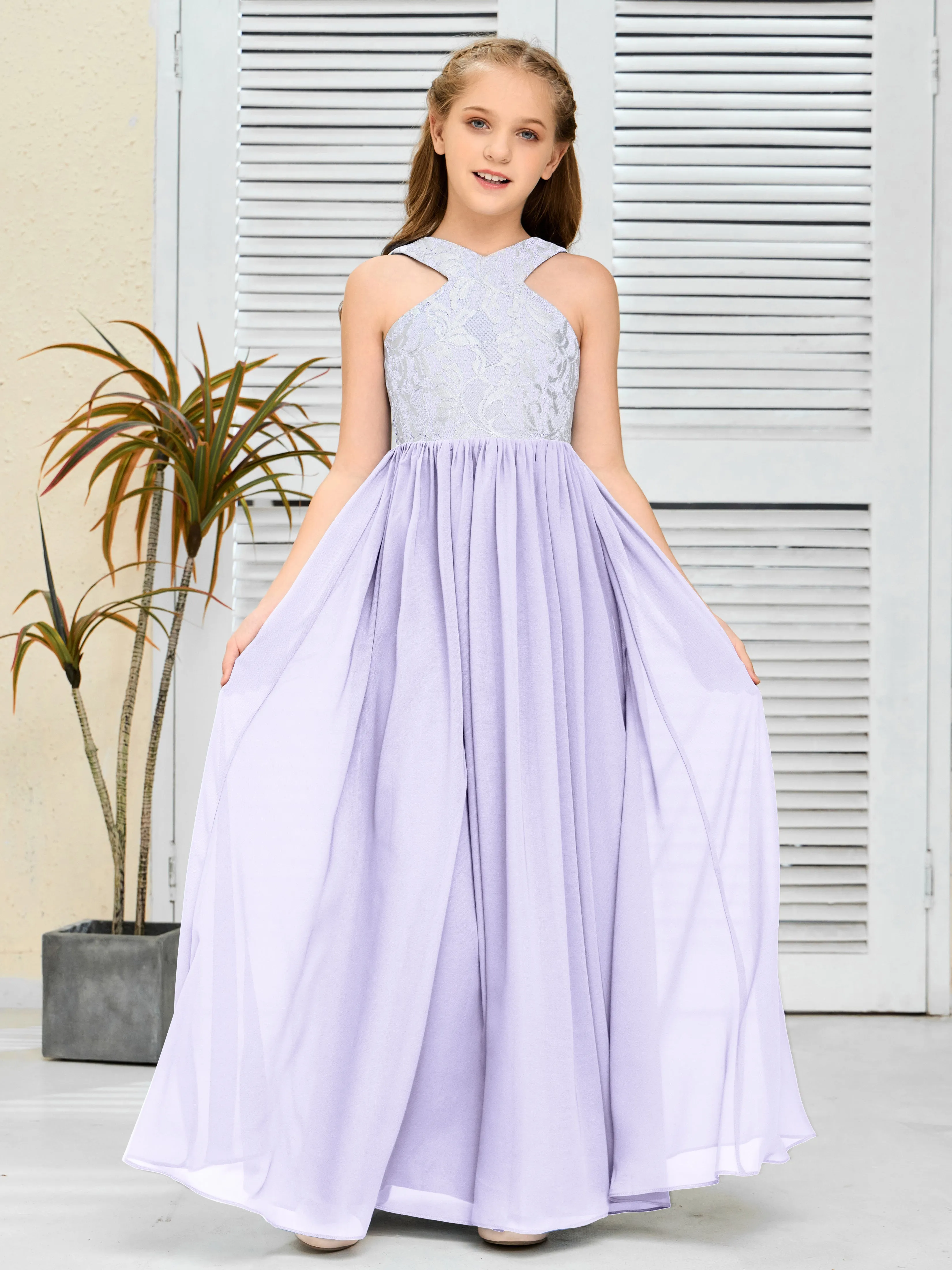 Lace Sleeveless Chiffon Junior Bridesmaid Dress With Belt