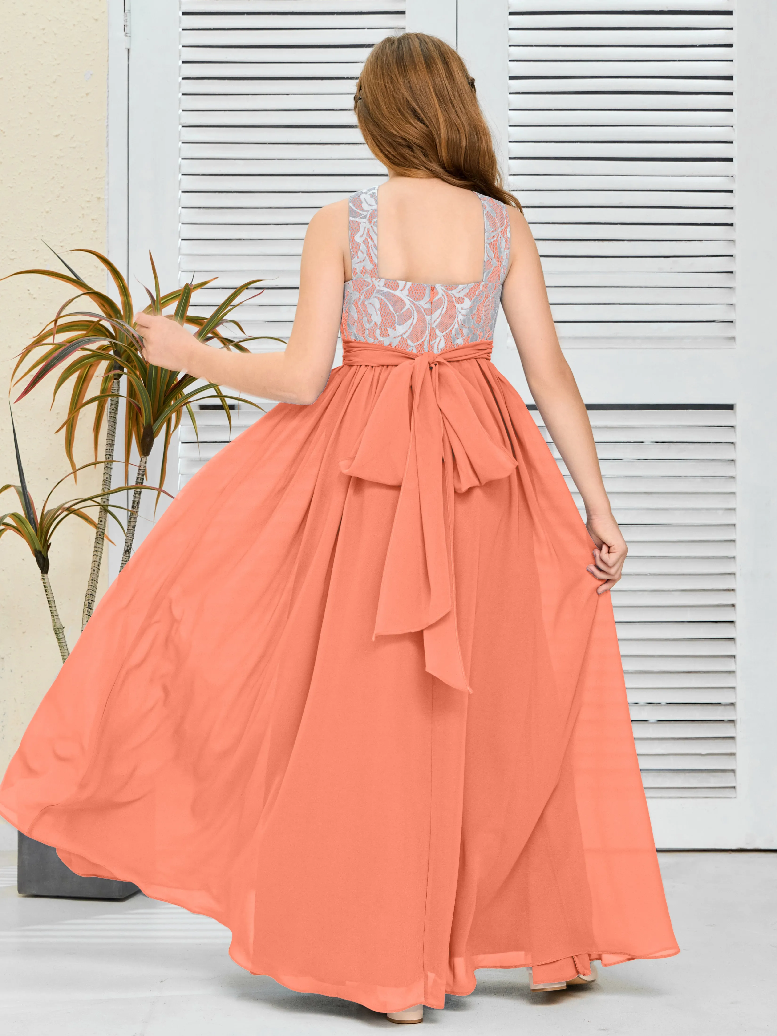 Lace Sleeveless Chiffon Junior Bridesmaid Dress With Belt