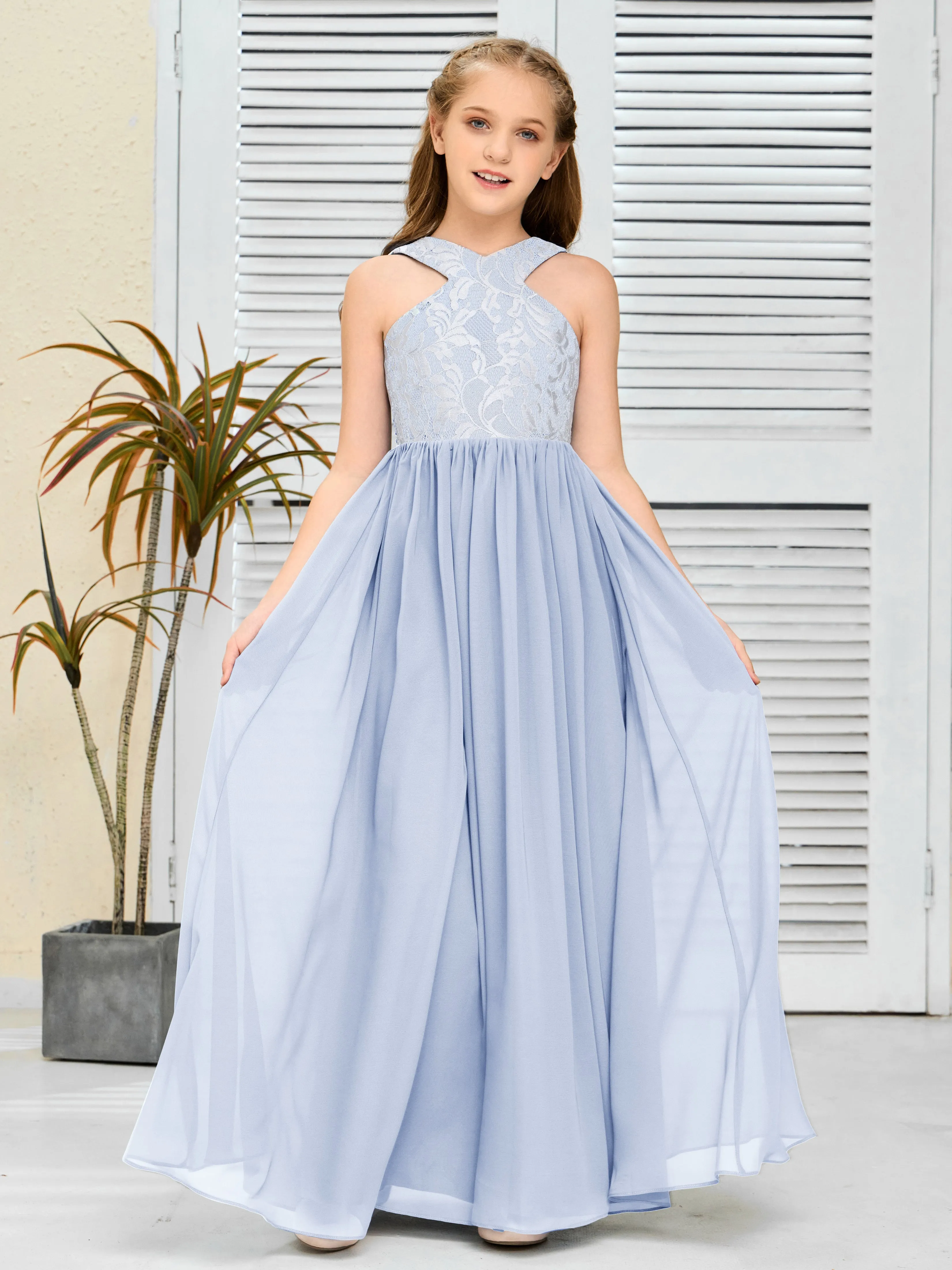 Lace Sleeveless Chiffon Junior Bridesmaid Dress With Belt