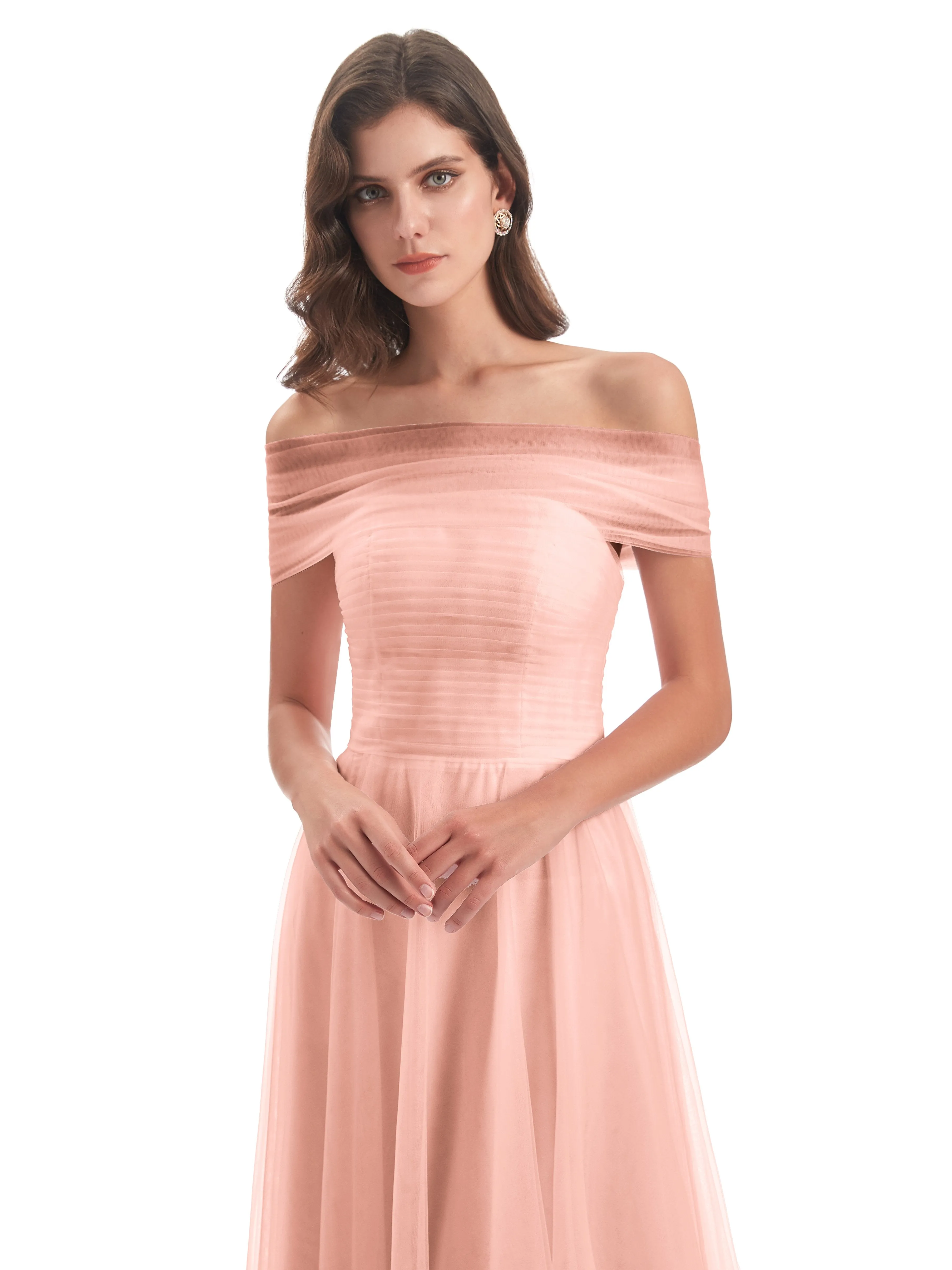 Lara Off The Shoulder Flowy Long Tulle/Chiffon Bridesmaid Dresses