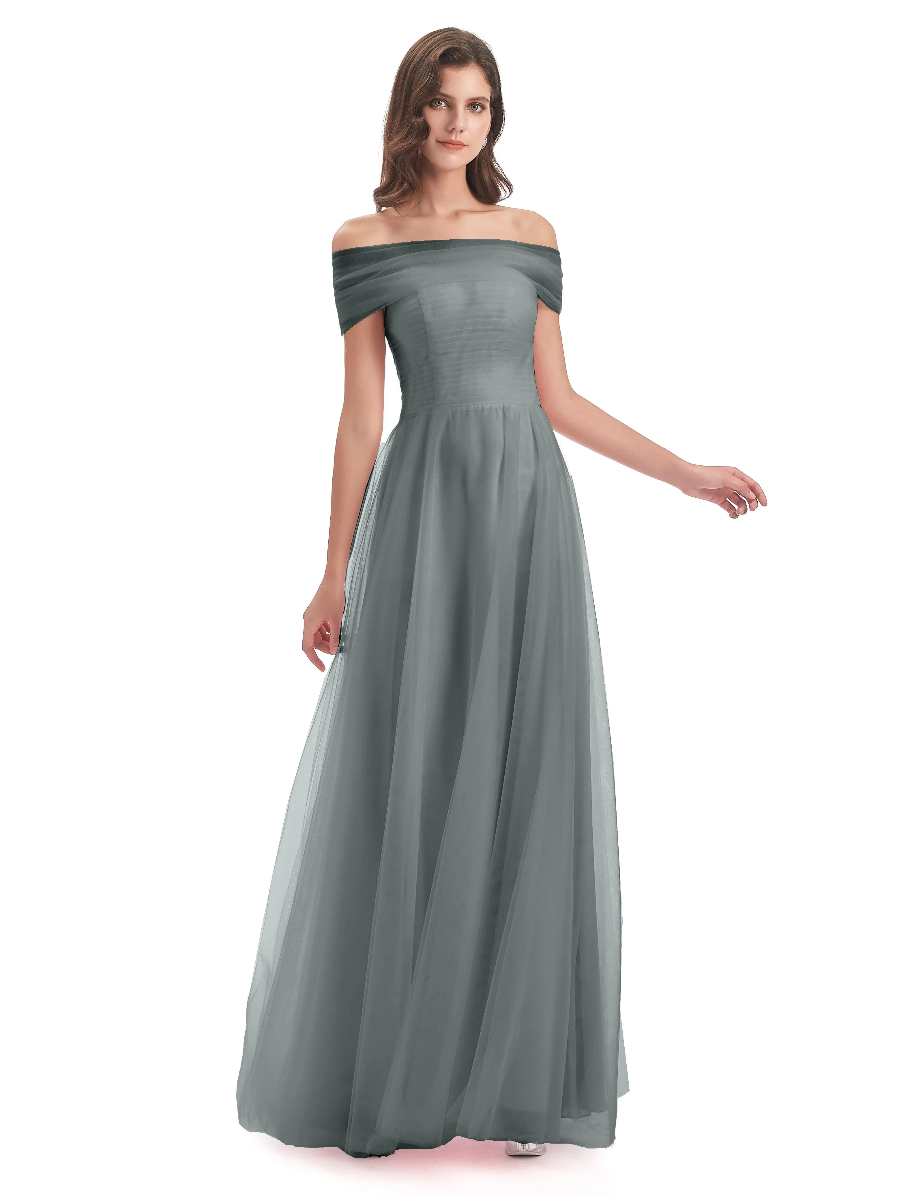 Lara Off The Shoulder Flowy Long Tulle/Chiffon Bridesmaid Dresses