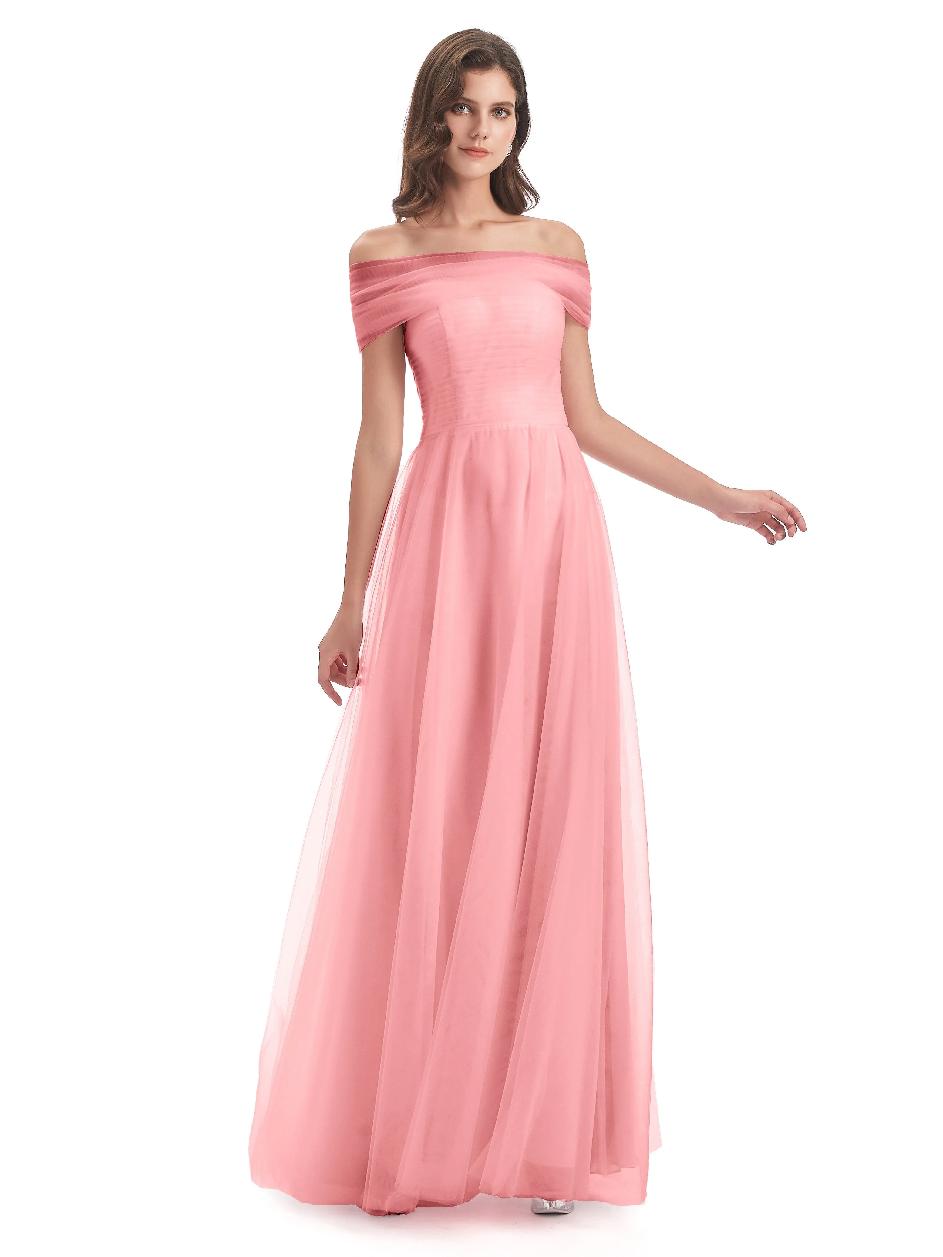 Lara Off The Shoulder Flowy Long Tulle/Chiffon Bridesmaid Dresses