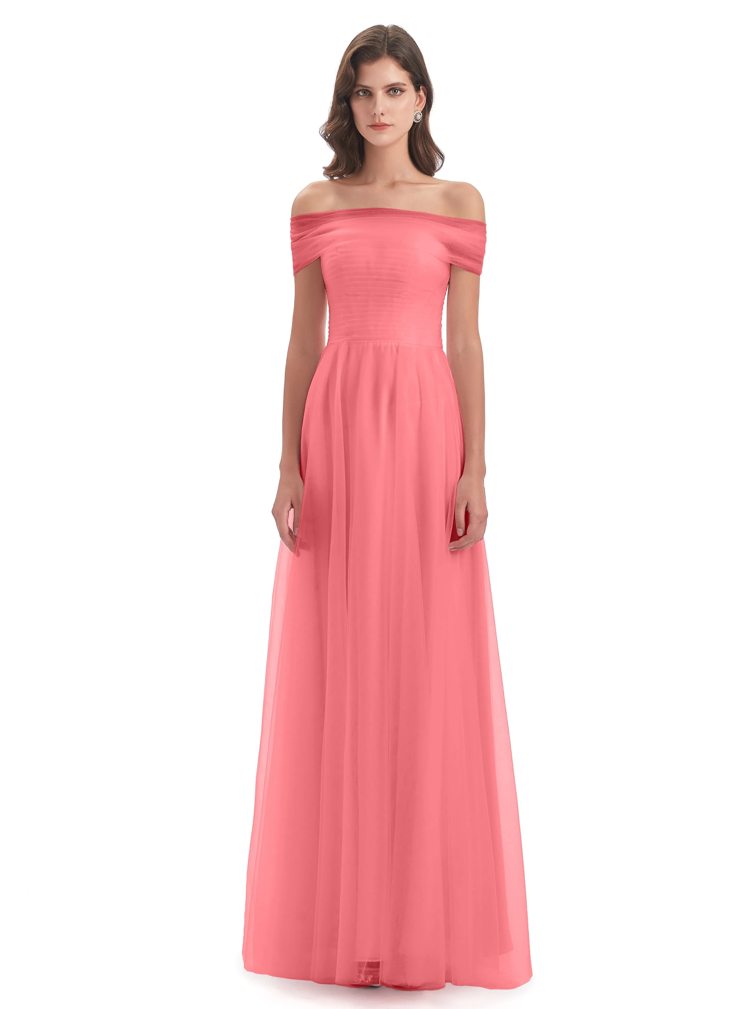 Lara Off The Shoulder Flowy Long Tulle/Chiffon Bridesmaid Dresses