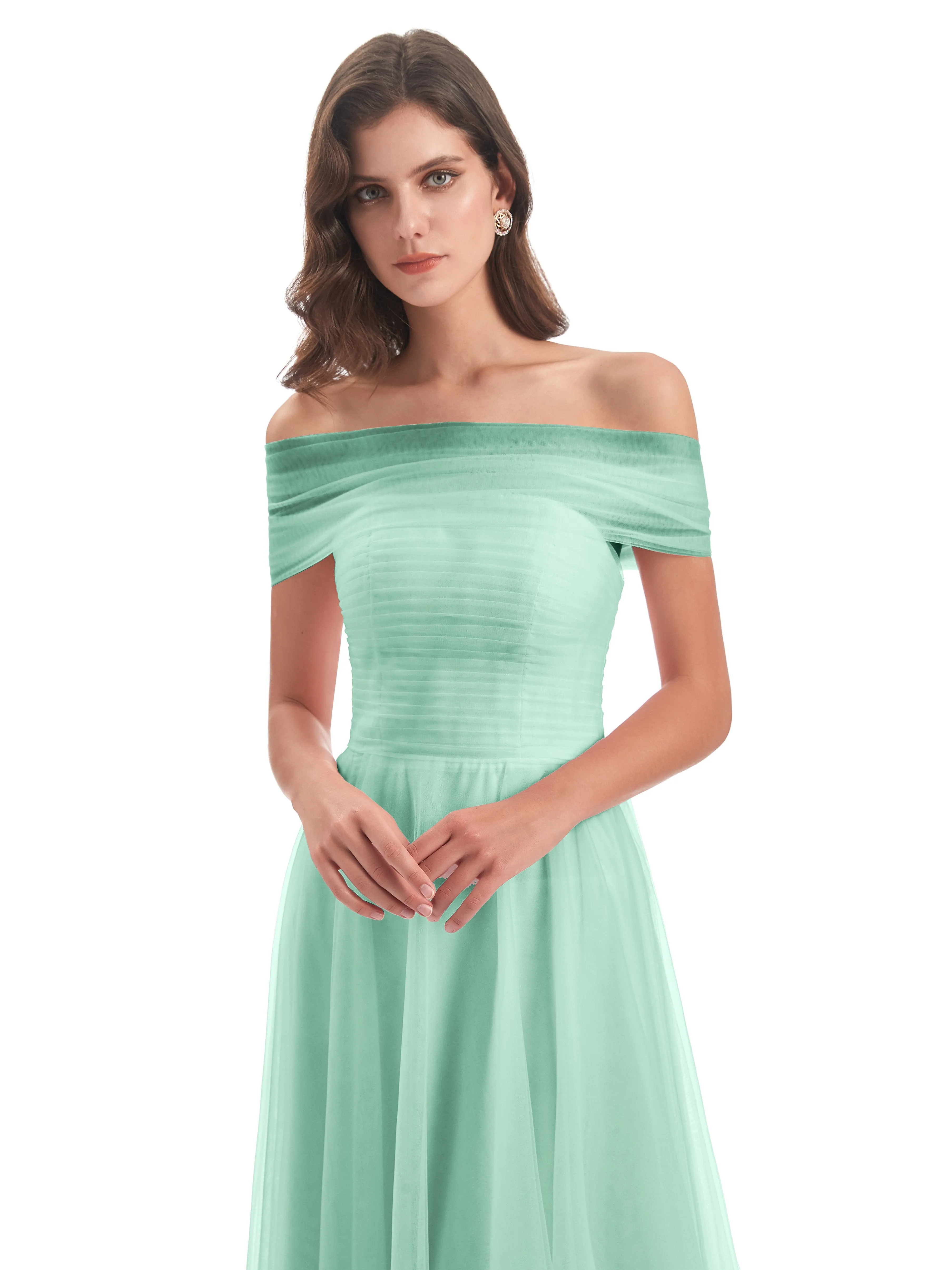 Lara Off The Shoulder Flowy Long Tulle/Chiffon Bridesmaid Dresses