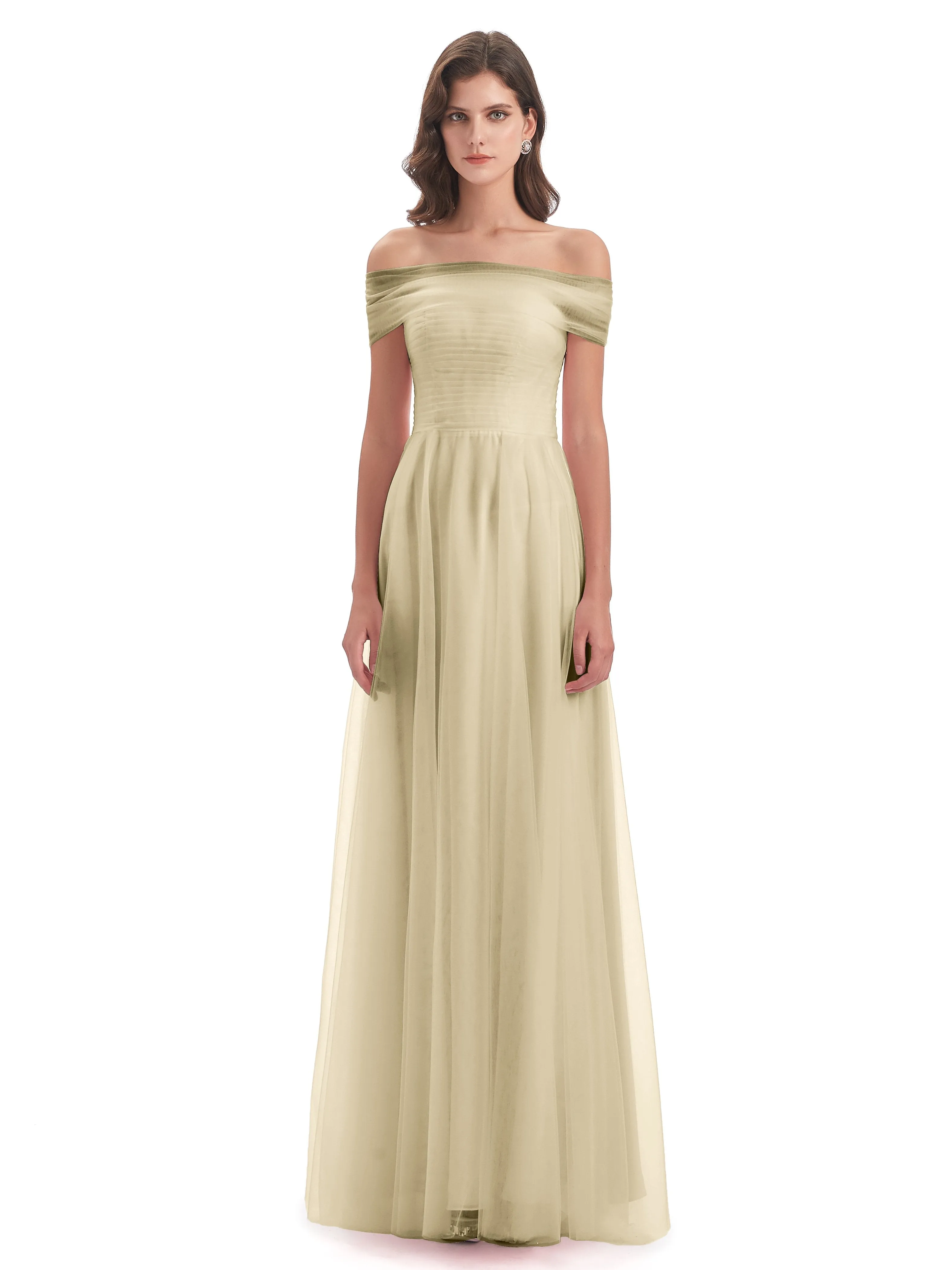 Lara Off The Shoulder Flowy Long Tulle/Chiffon Bridesmaid Dresses