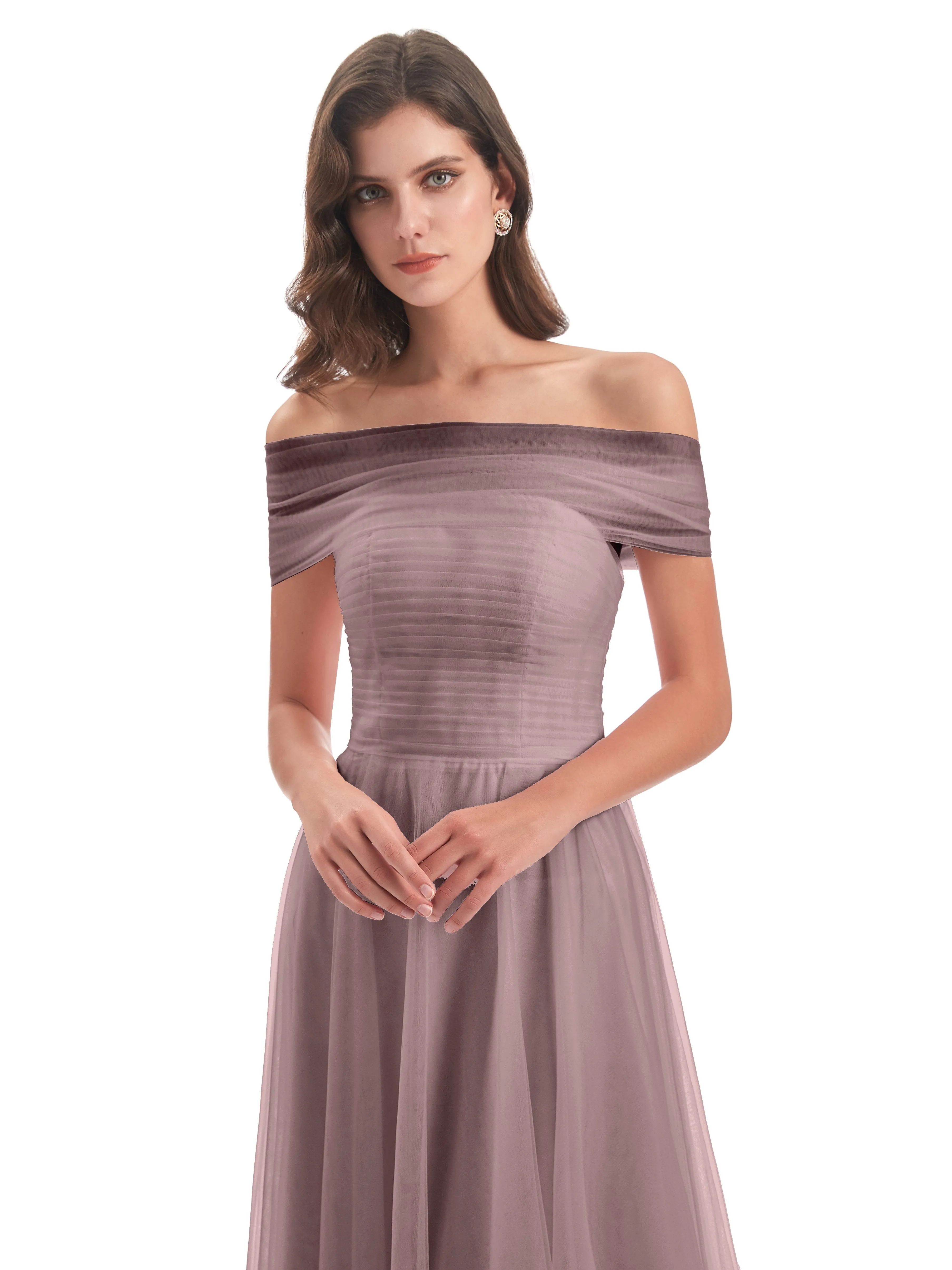 Lara Off The Shoulder Flowy Long Tulle/Chiffon Bridesmaid Dresses