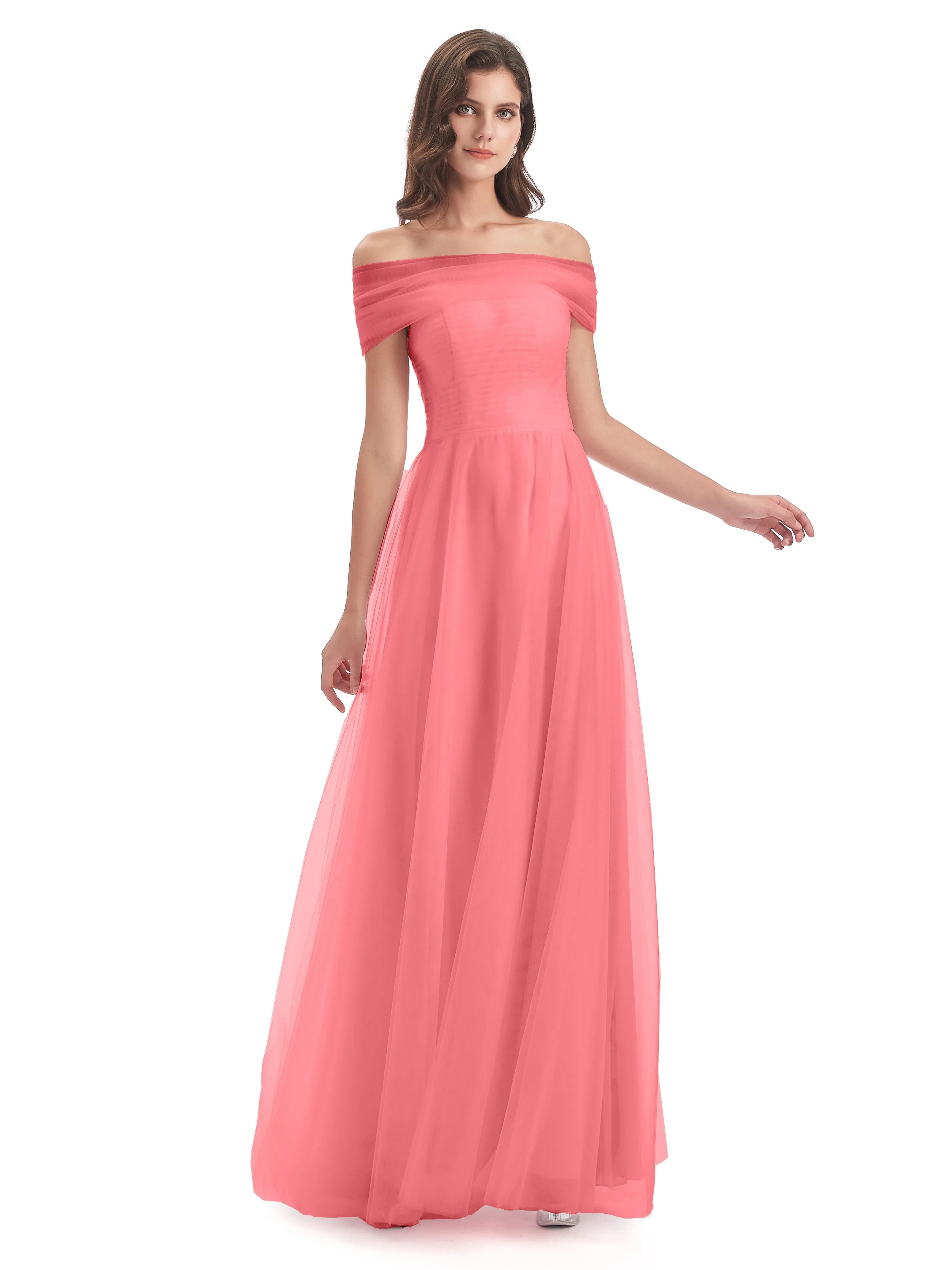 Lara Off The Shoulder Flowy Long Tulle/Chiffon Bridesmaid Dresses