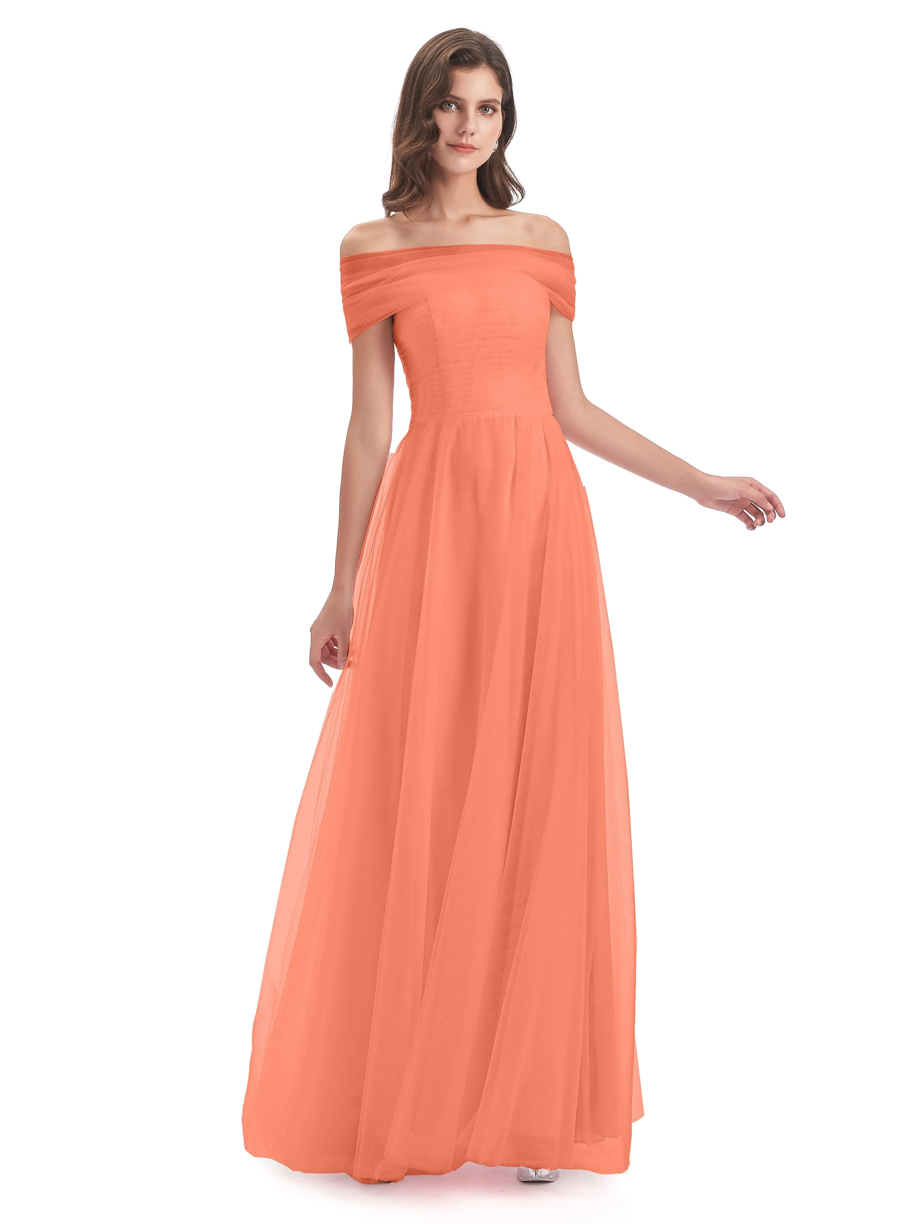 Lara Off The Shoulder Flowy Long Tulle/Chiffon Bridesmaid Dresses