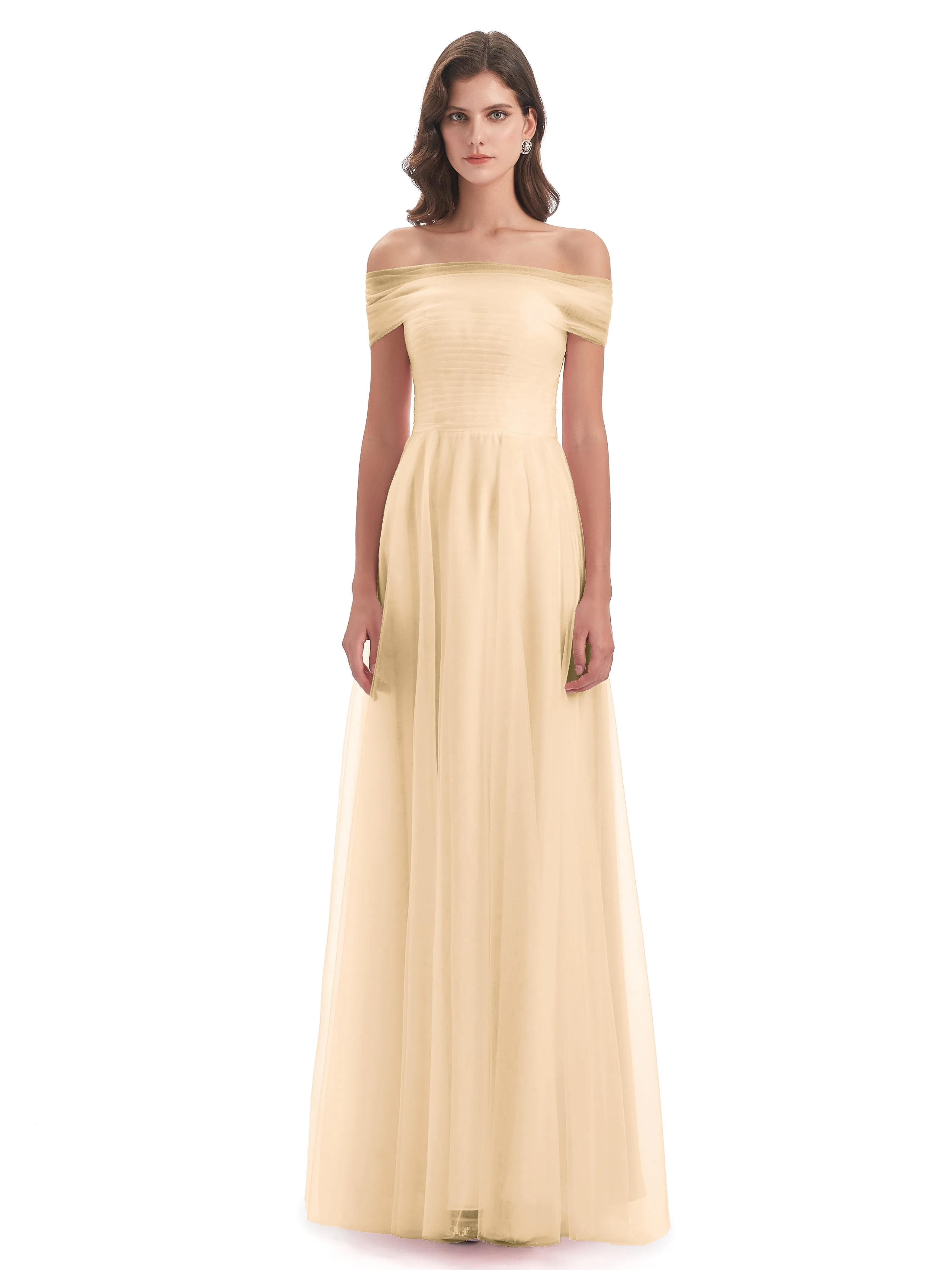 Lara Off The Shoulder Flowy Long Tulle/Chiffon Bridesmaid Dresses