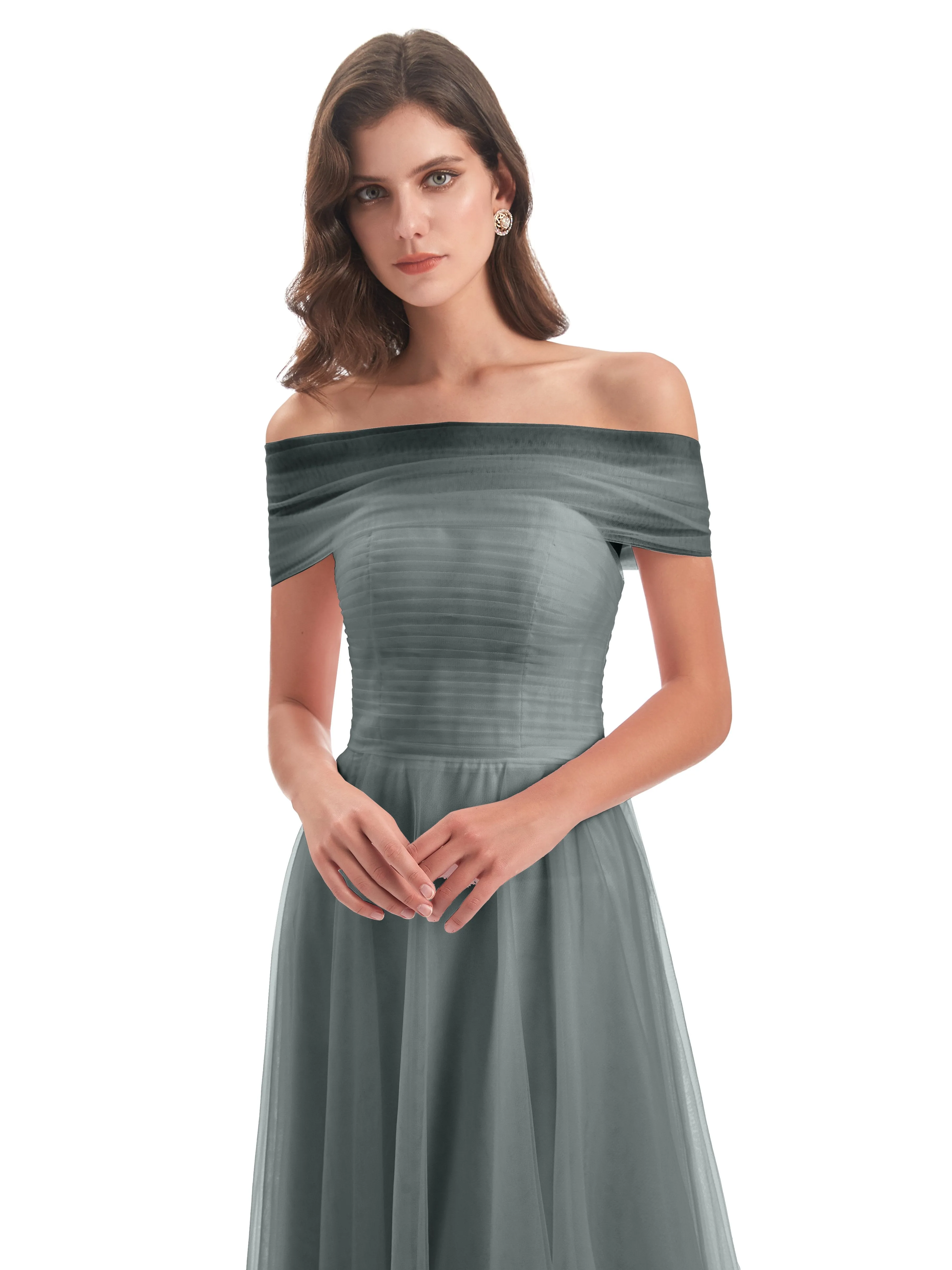 Lara Off The Shoulder Flowy Long Tulle/Chiffon Bridesmaid Dresses