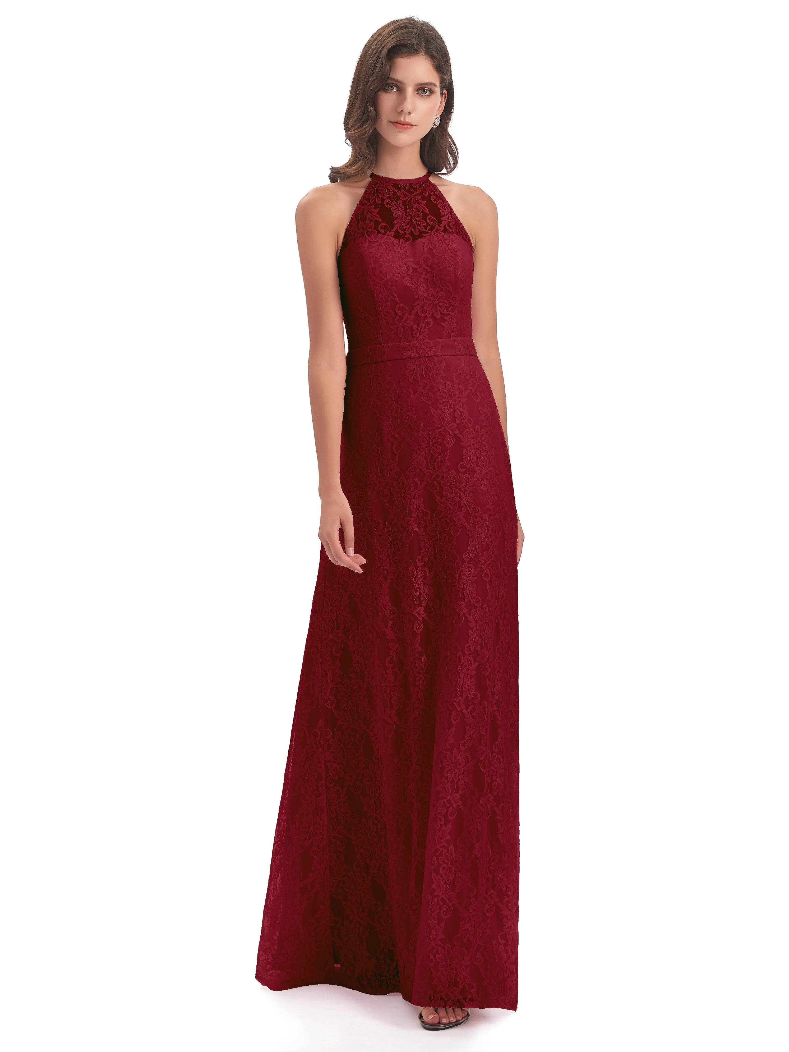 Lily Lace Column Halter Floor-Length Bridesmaid Dresses