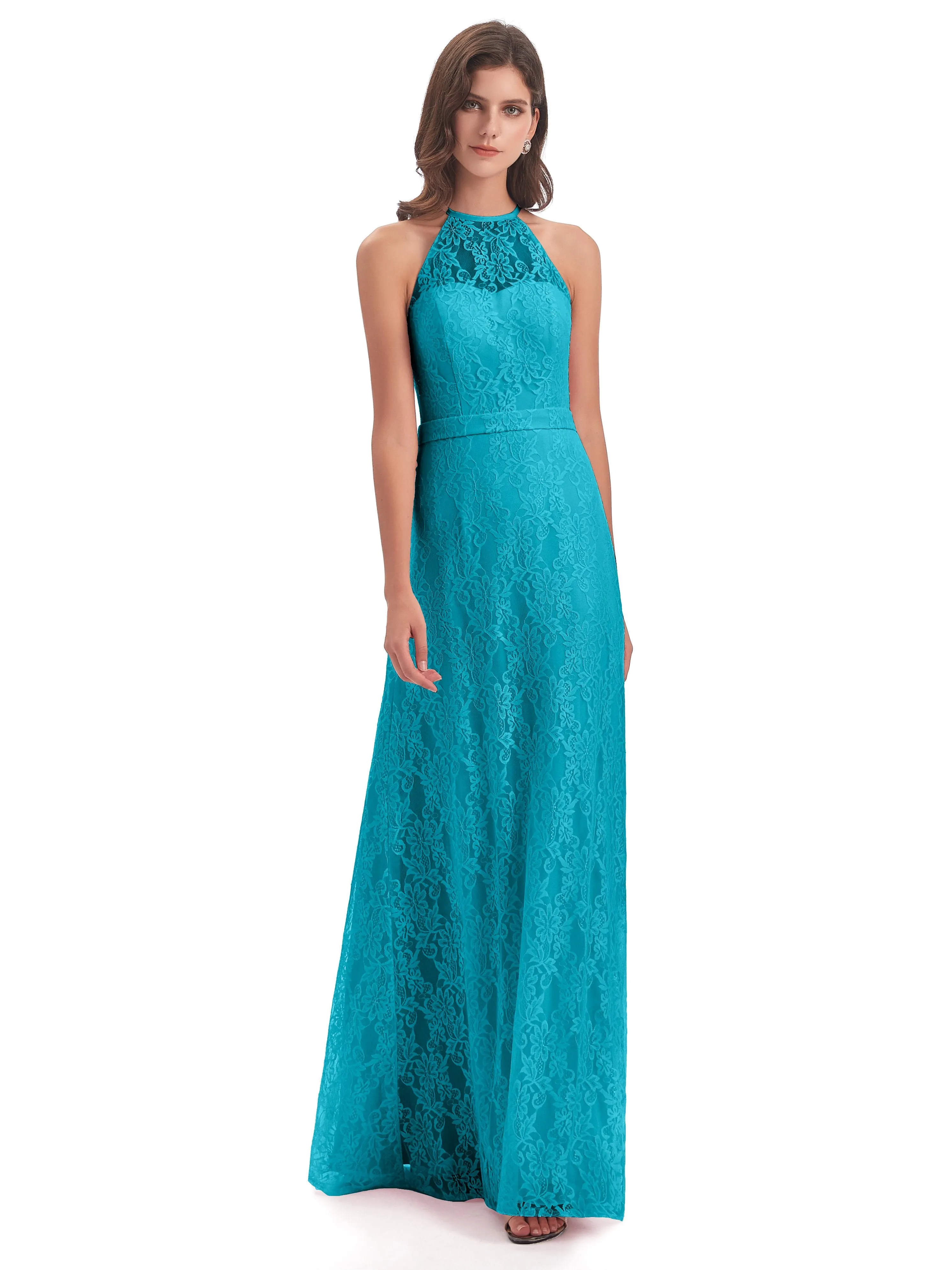 Lily Lace Column Halter Floor-Length Bridesmaid Dresses