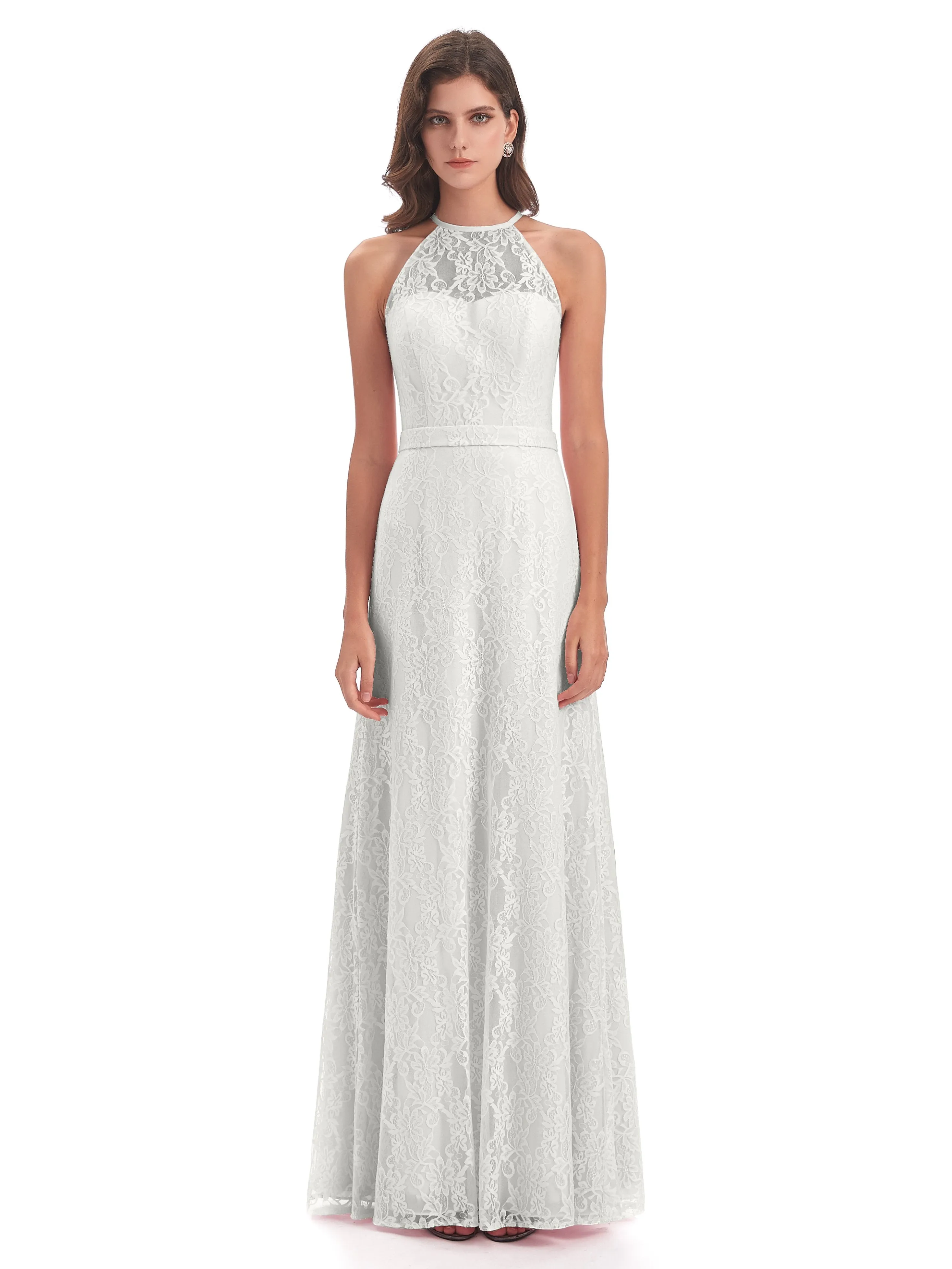 Lily Lace Column Halter Floor-Length Bridesmaid Dresses