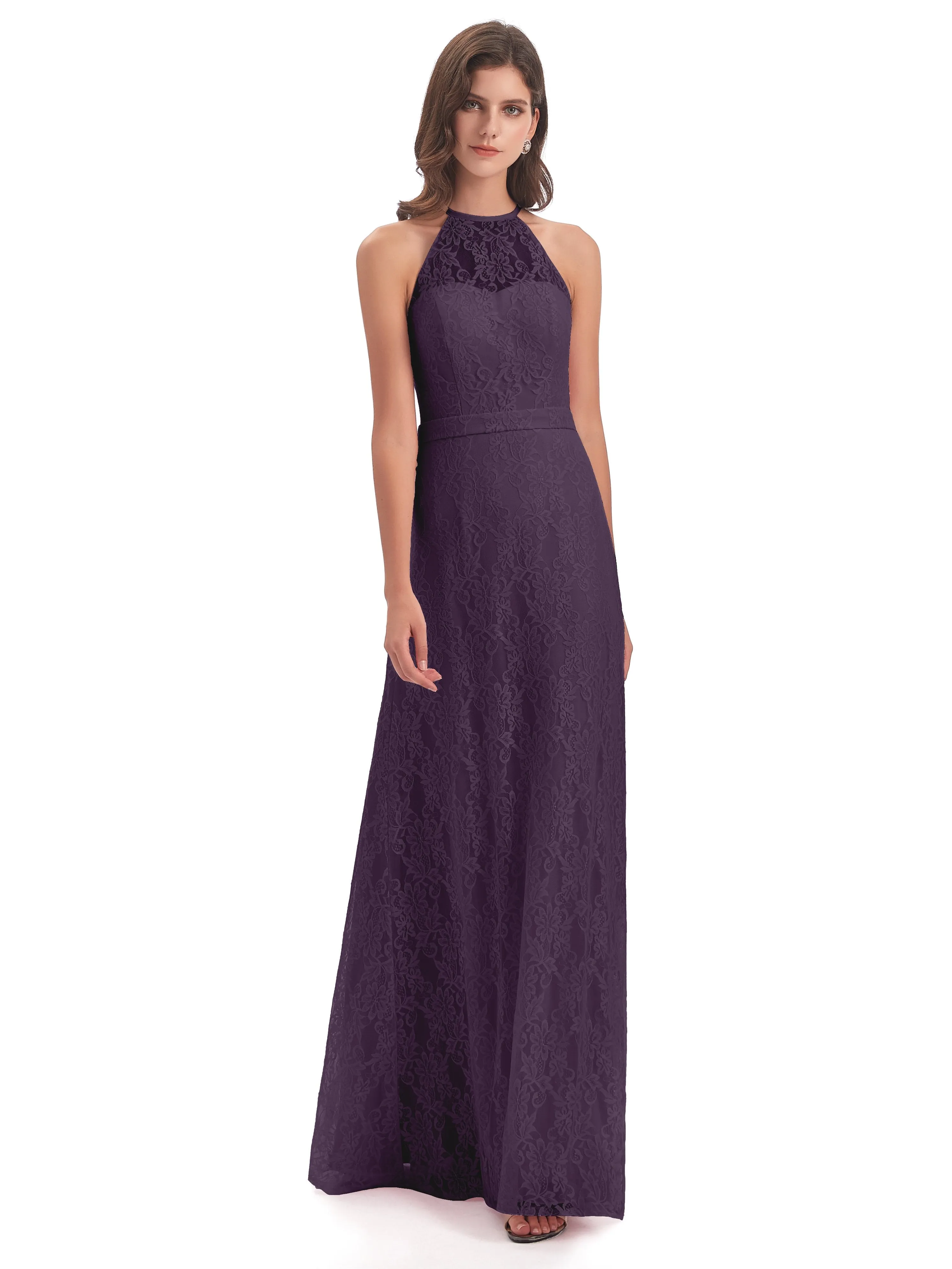 Lily Lace Column Halter Floor-Length Bridesmaid Dresses