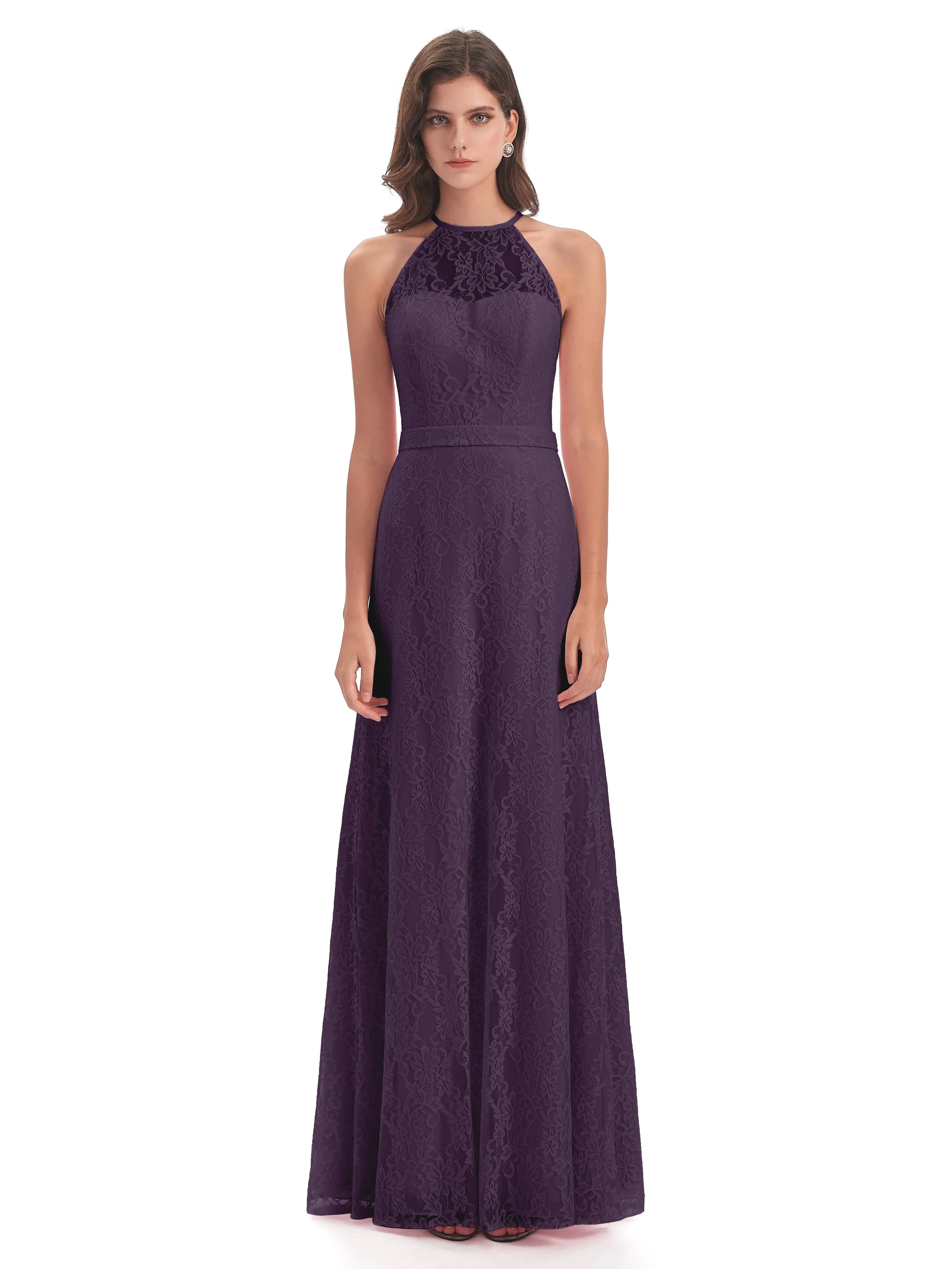 Lily Lace Column Halter Floor-Length Bridesmaid Dresses