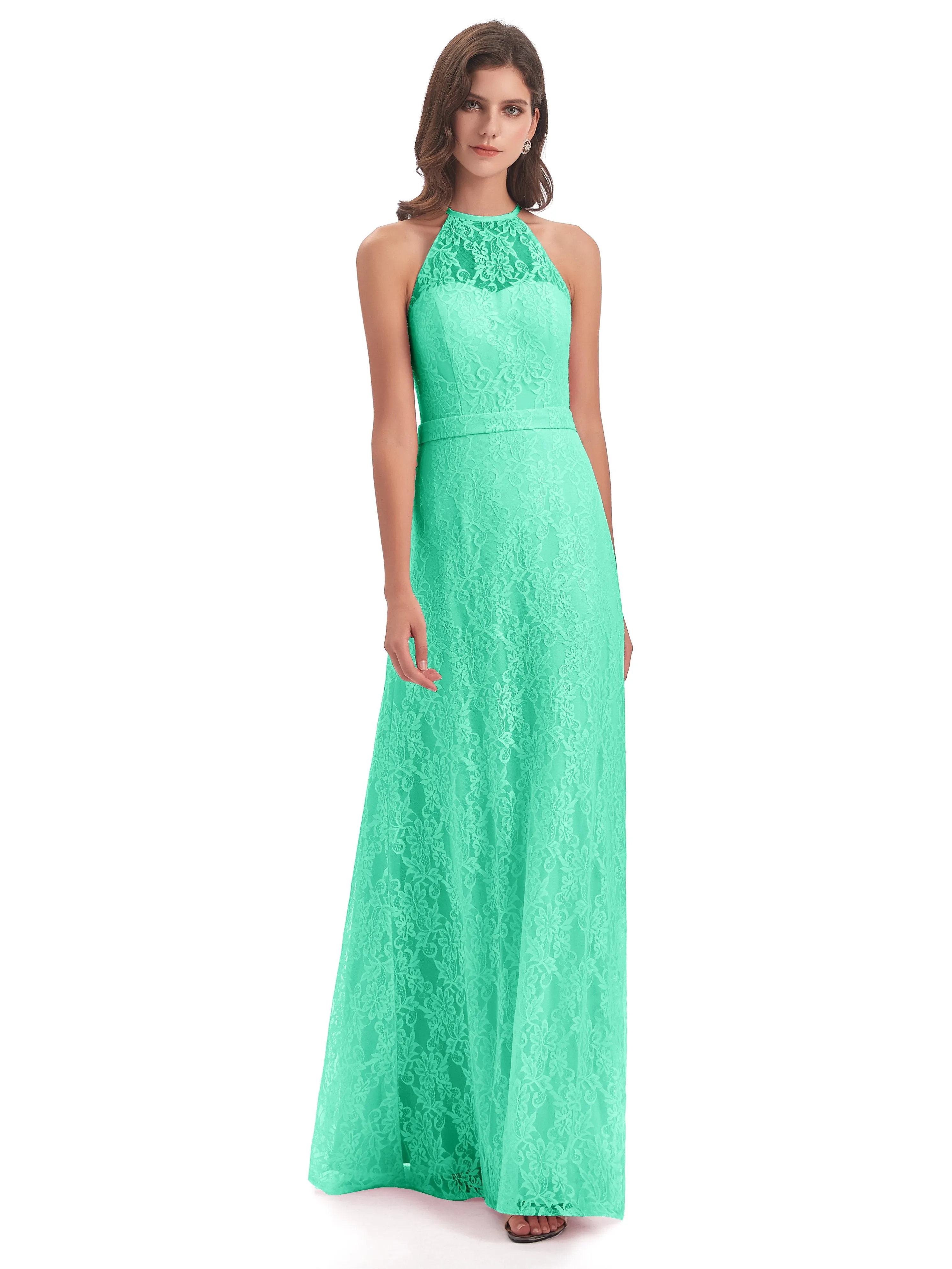 Lily Lace Column Halter Floor-Length Bridesmaid Dresses