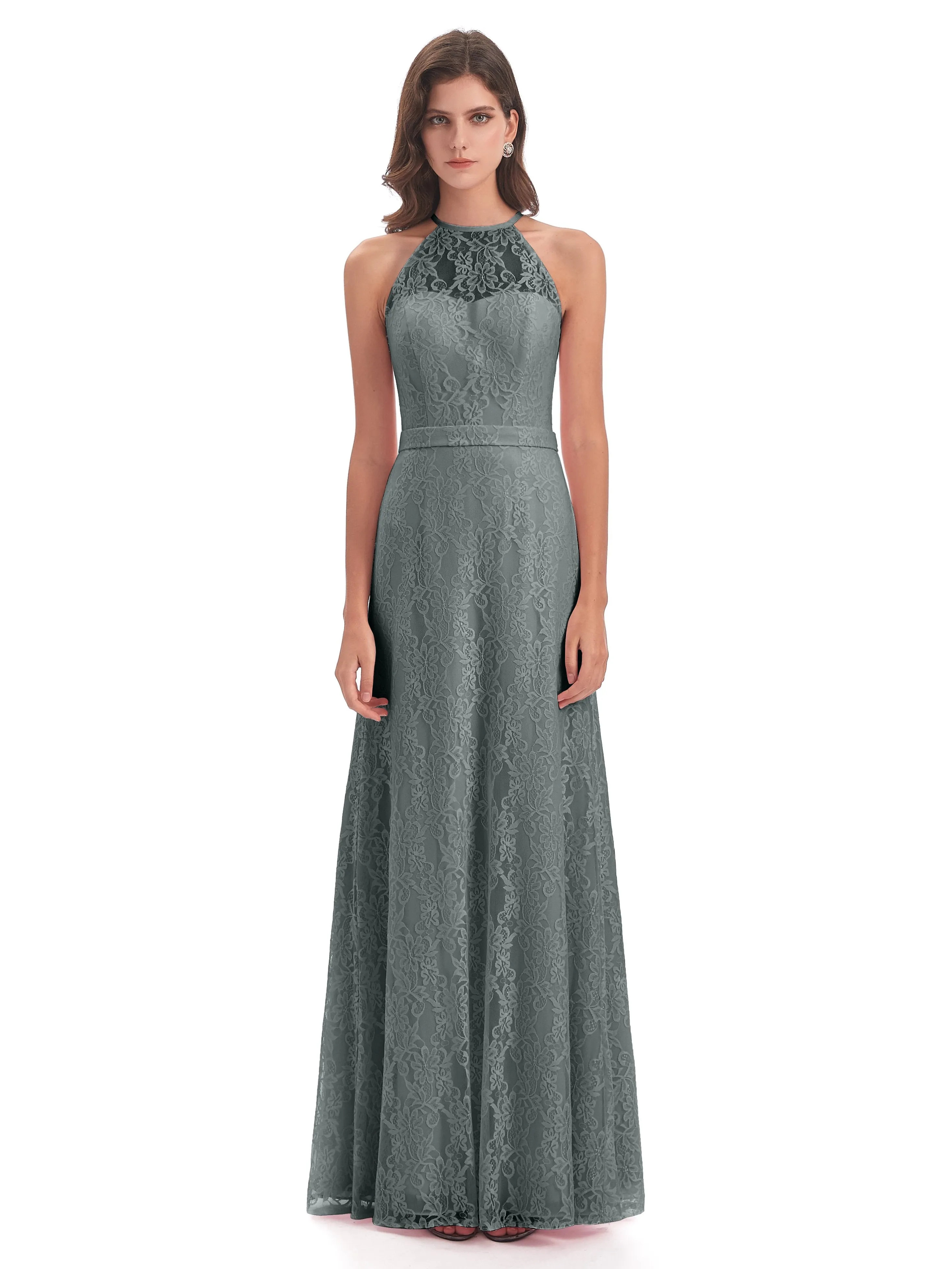 Lily Lace Column Halter Floor-Length Bridesmaid Dresses