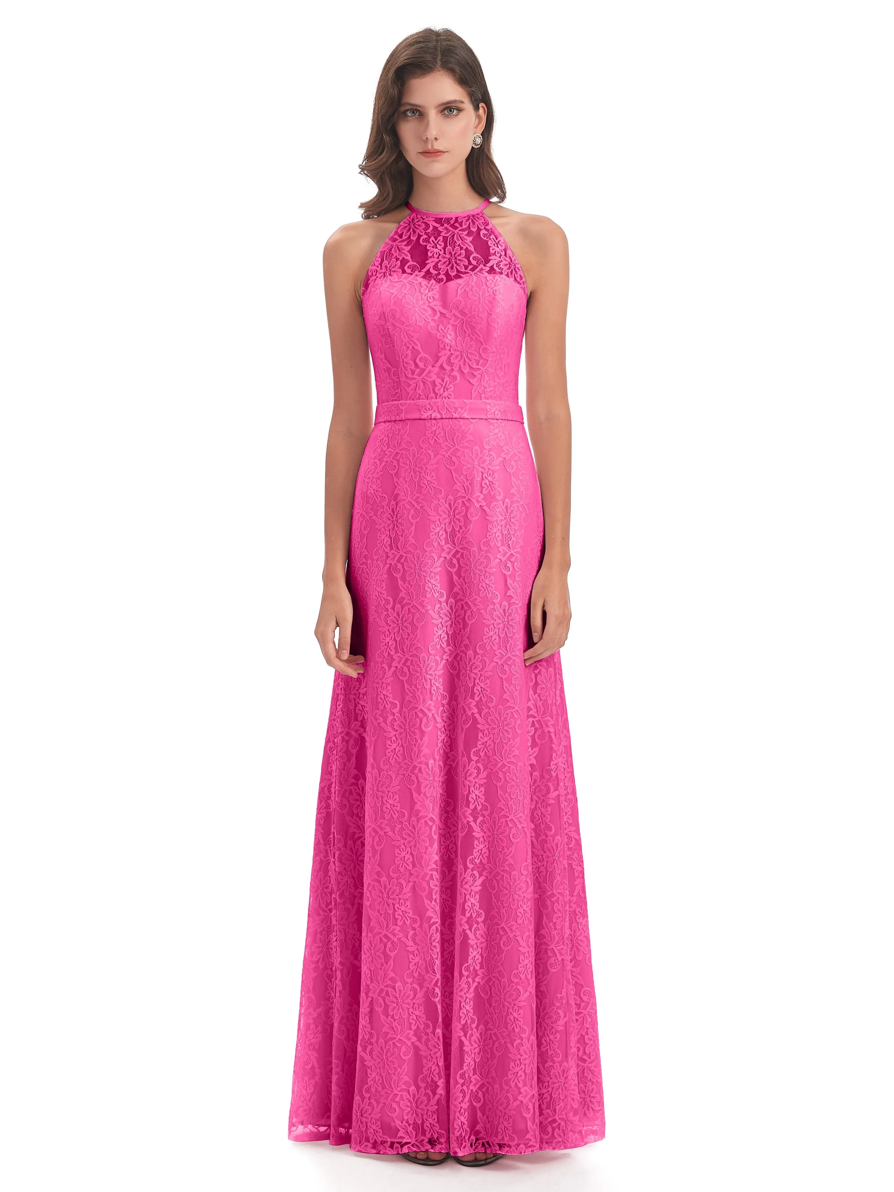 Lily Lace Column Halter Floor-Length Bridesmaid Dresses