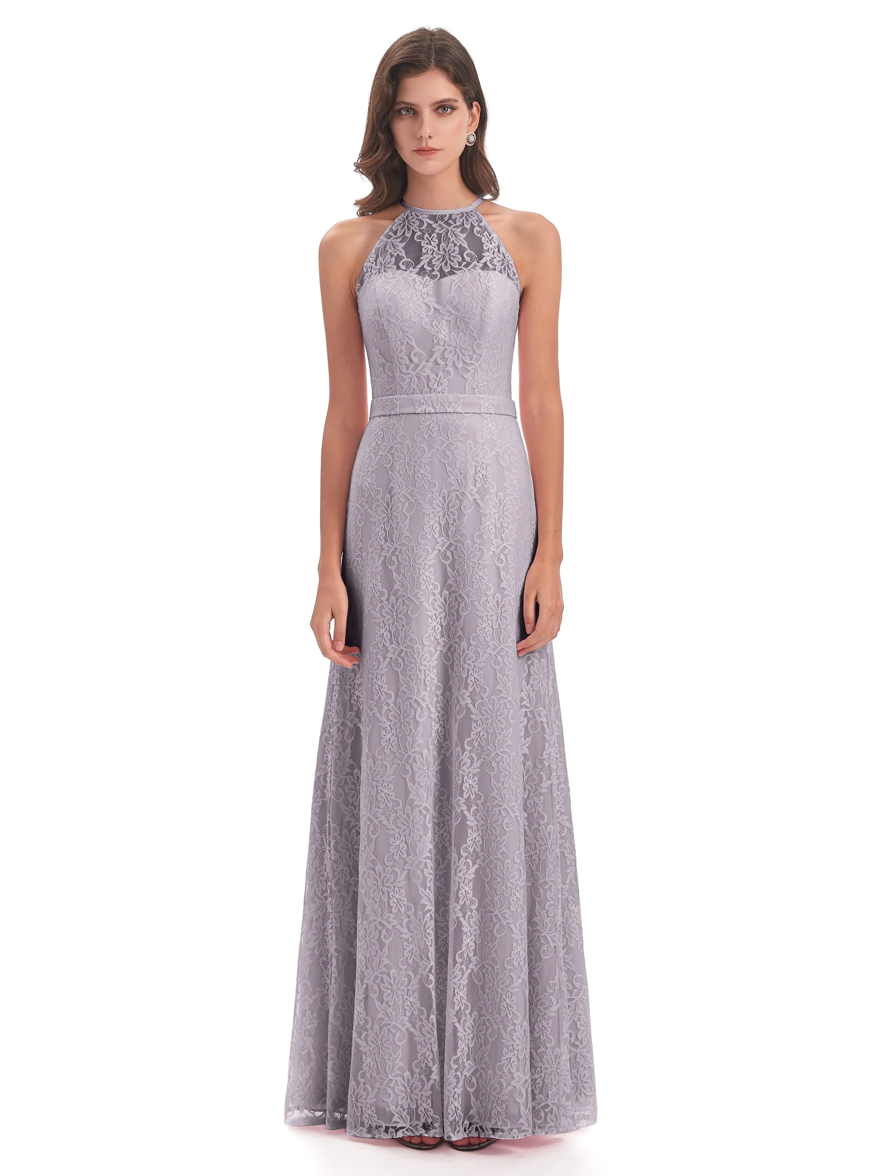 Lily Lace Column Halter Floor-Length Bridesmaid Dresses