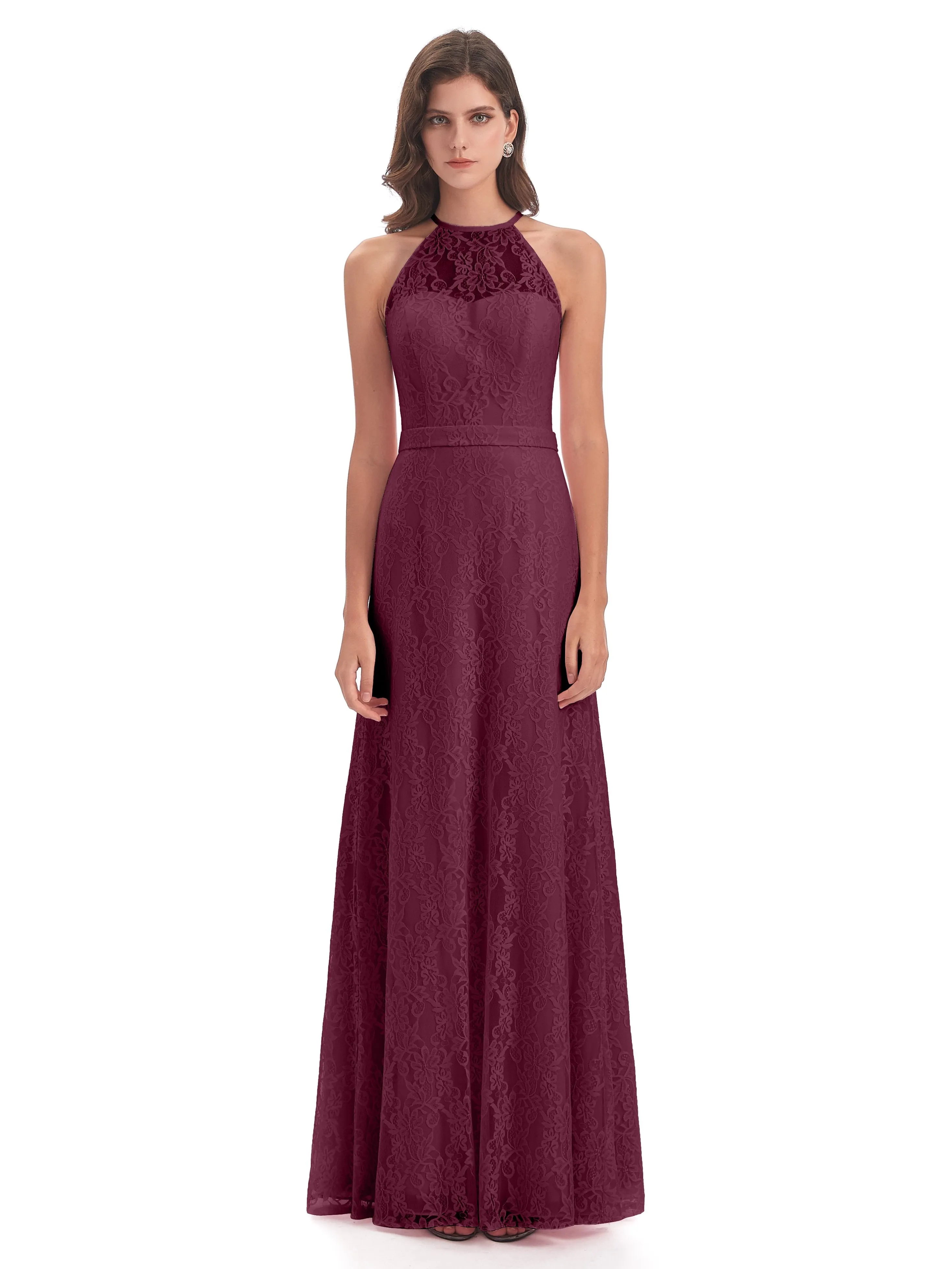 Lily Lace Column Halter Floor-Length Bridesmaid Dresses