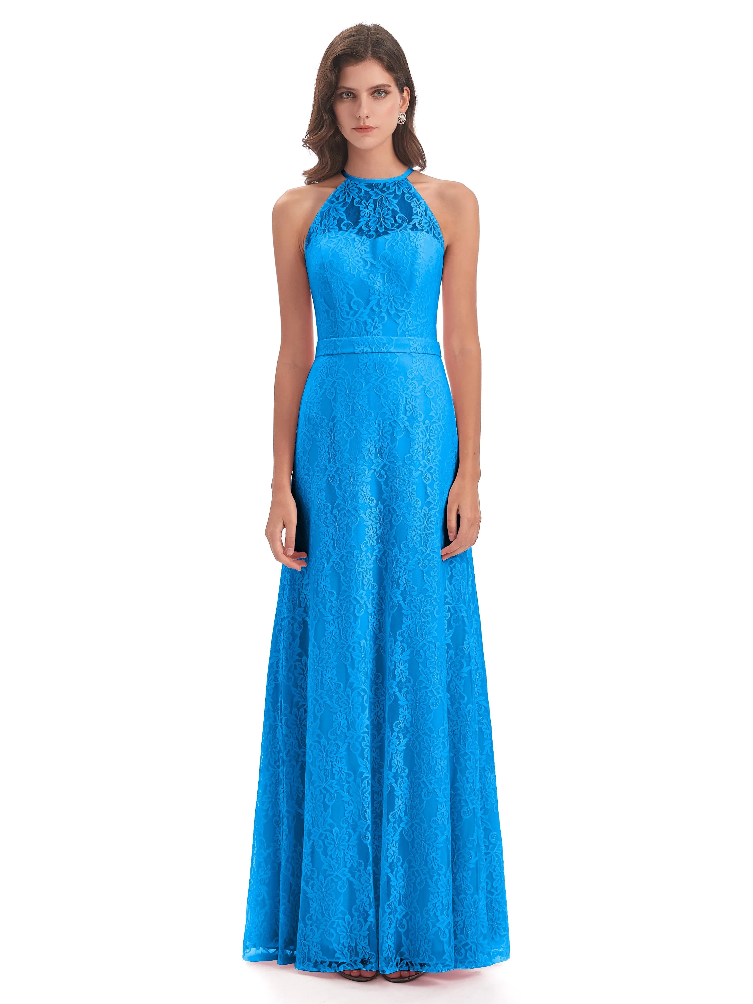 Lily Lace Column Halter Floor-Length Bridesmaid Dresses