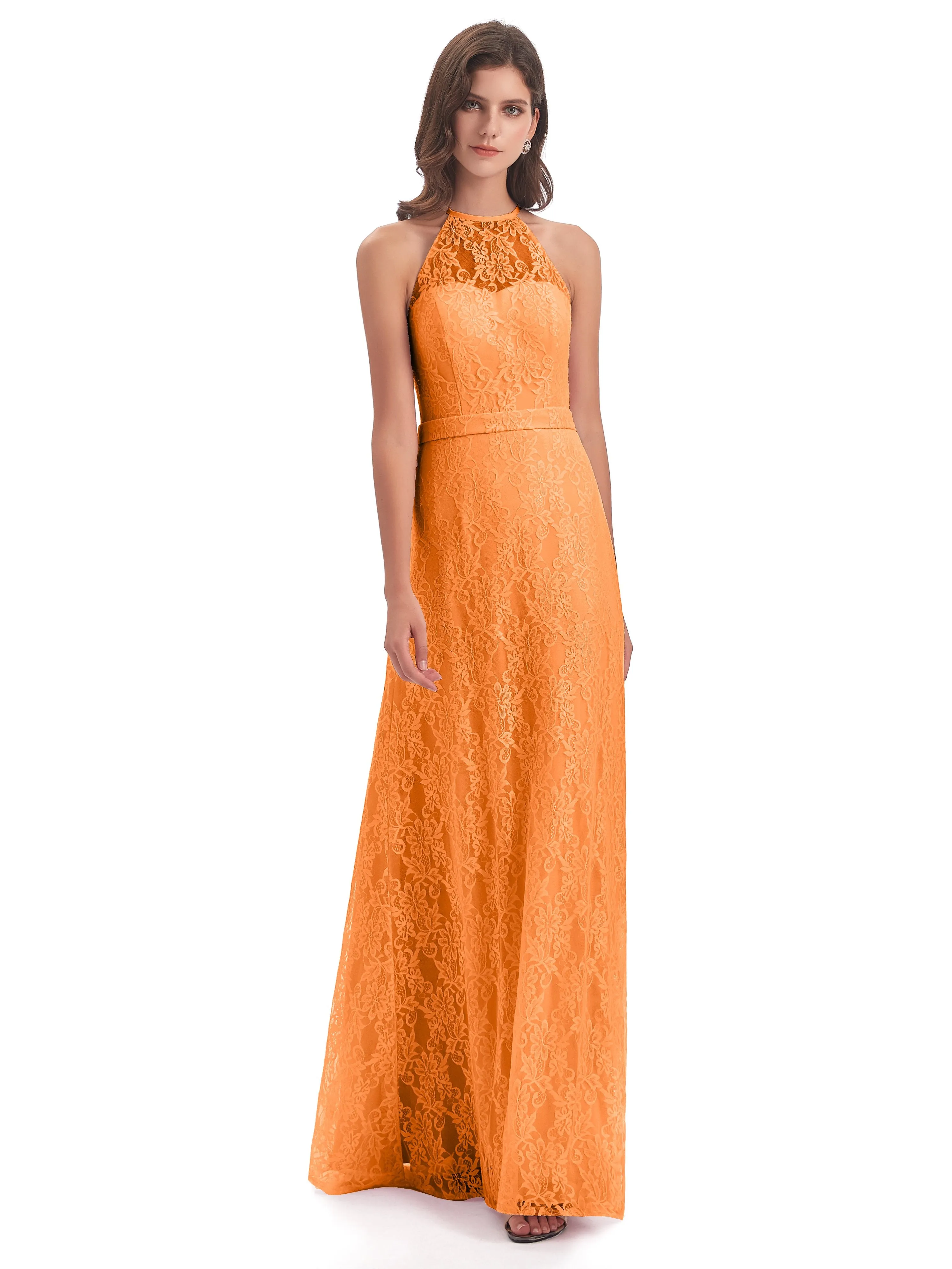 Lily Lace Column Halter Floor-Length Bridesmaid Dresses