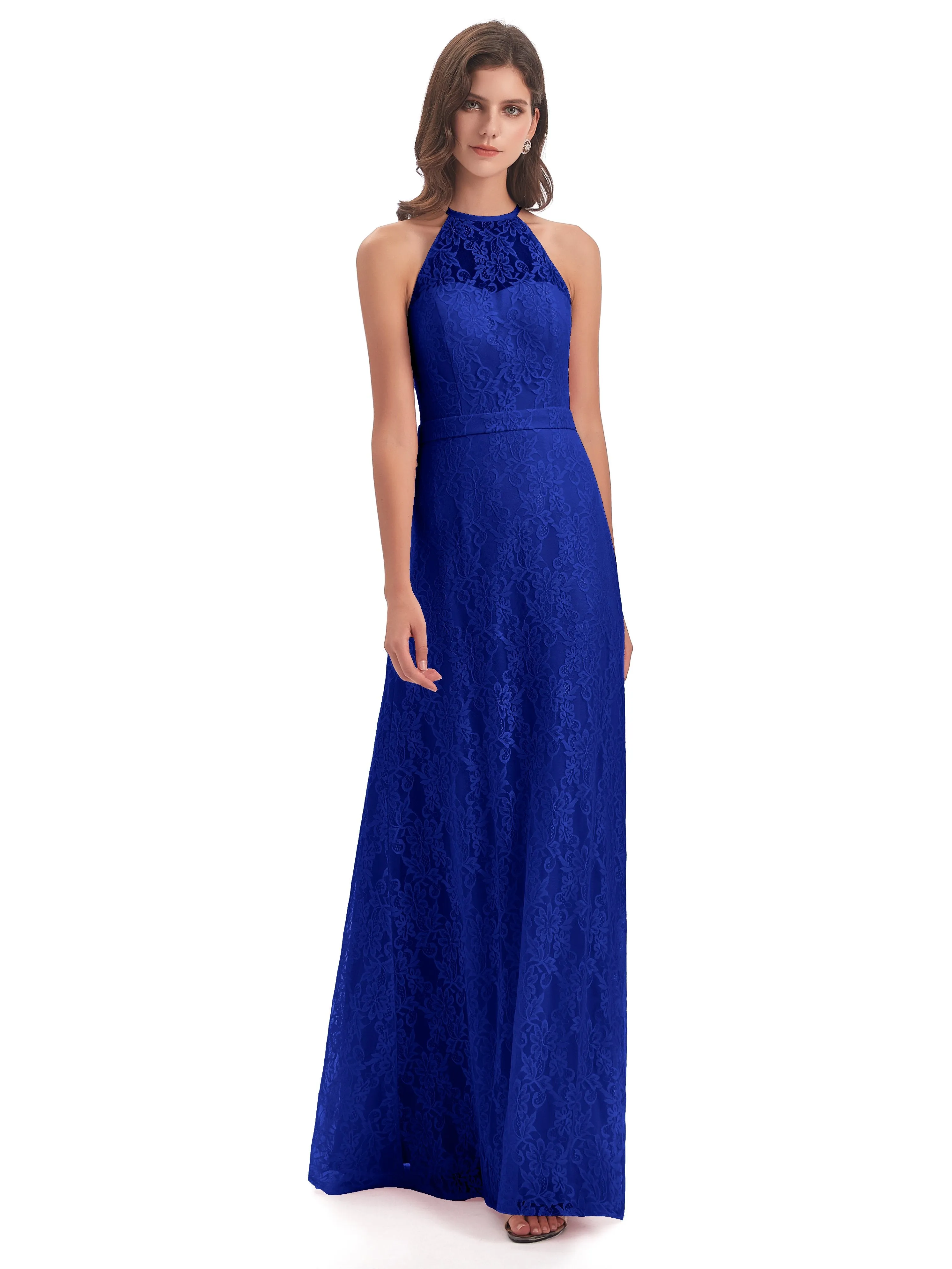 Lily Lace Column Halter Floor-Length Bridesmaid Dresses