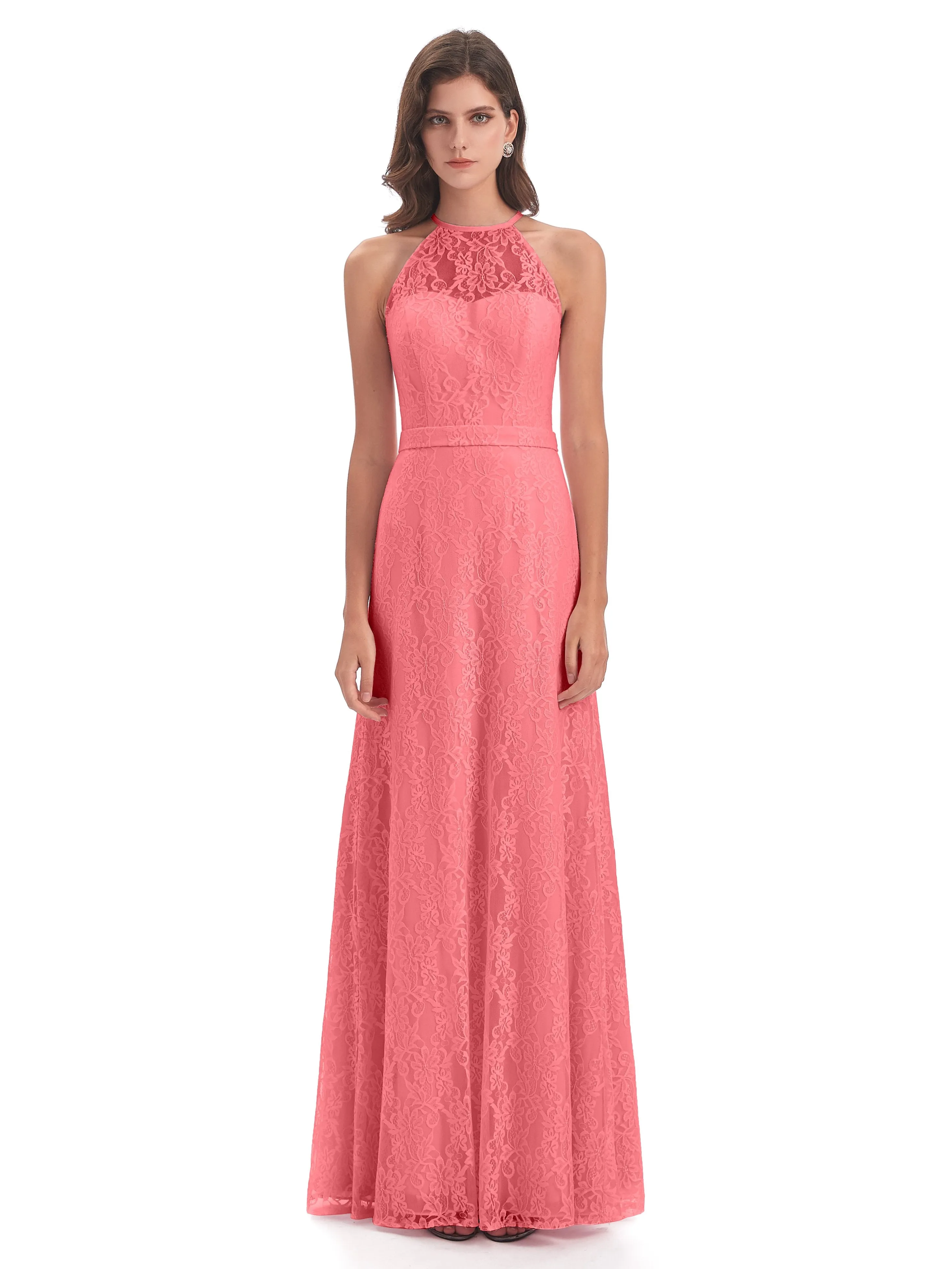 Lily Lace Column Halter Floor-Length Bridesmaid Dresses