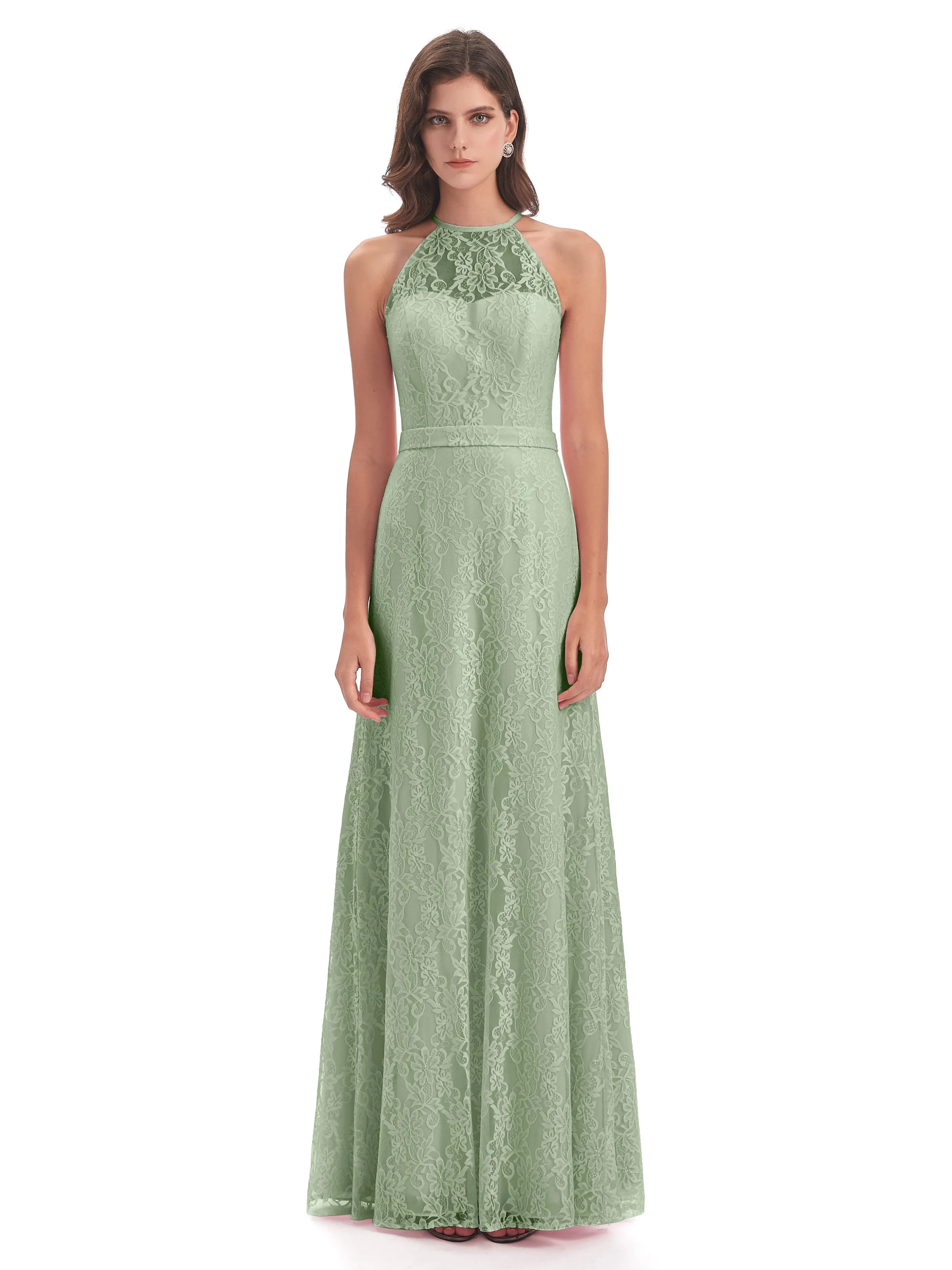 Lily Lace Column Halter Floor-Length Bridesmaid Dresses