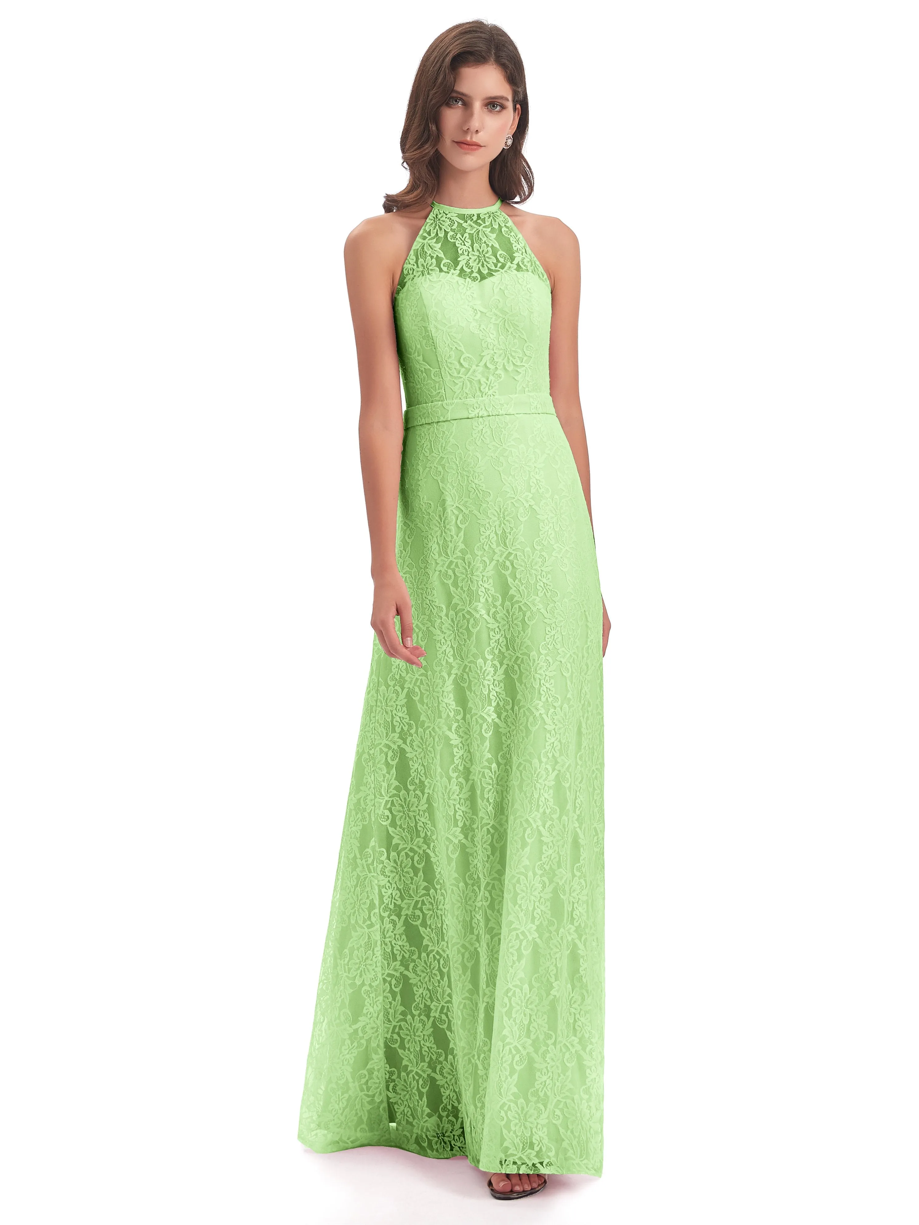 Lily Lace Column Halter Floor-Length Bridesmaid Dresses