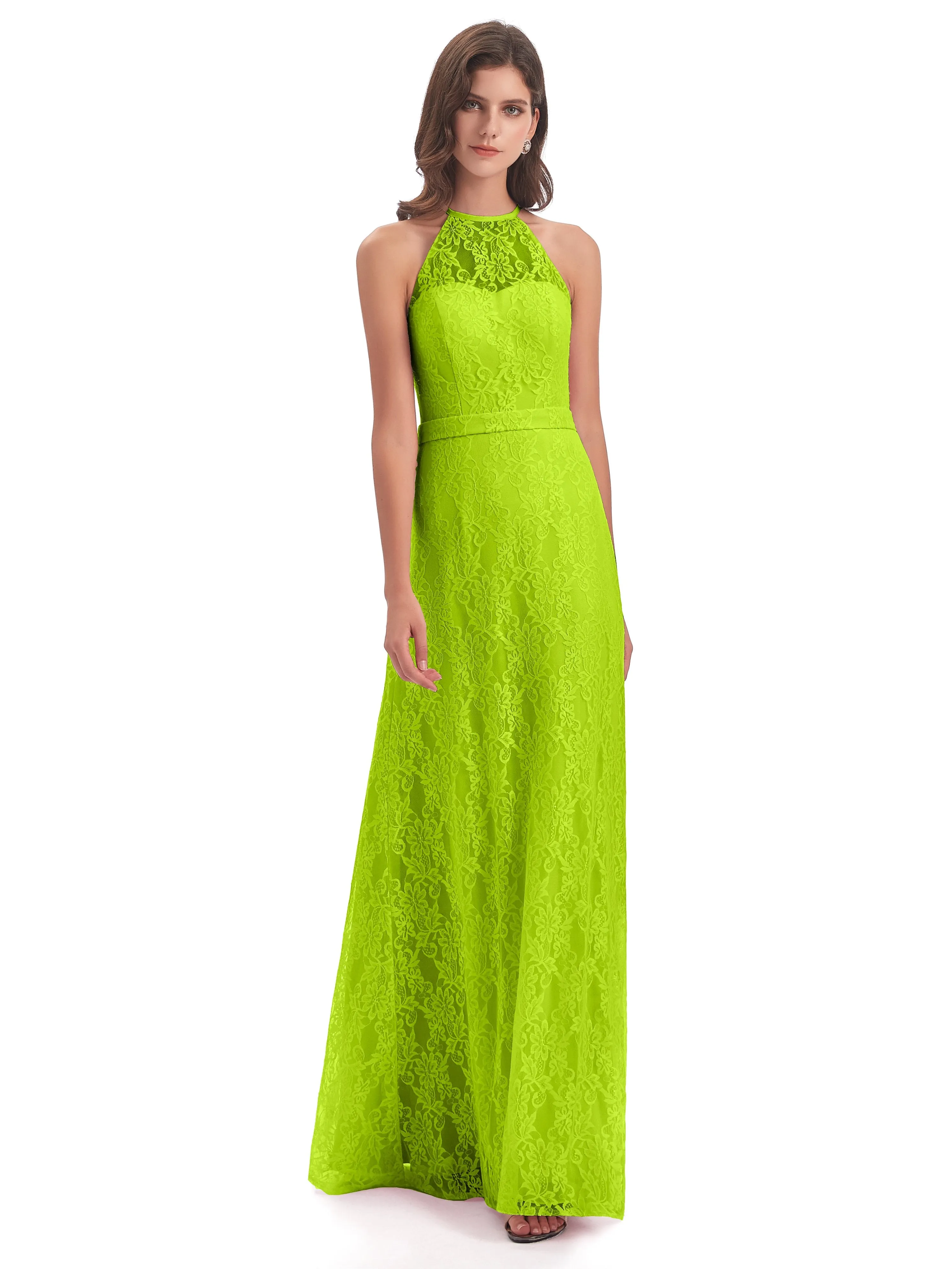 Lily Lace Column Halter Floor-Length Bridesmaid Dresses