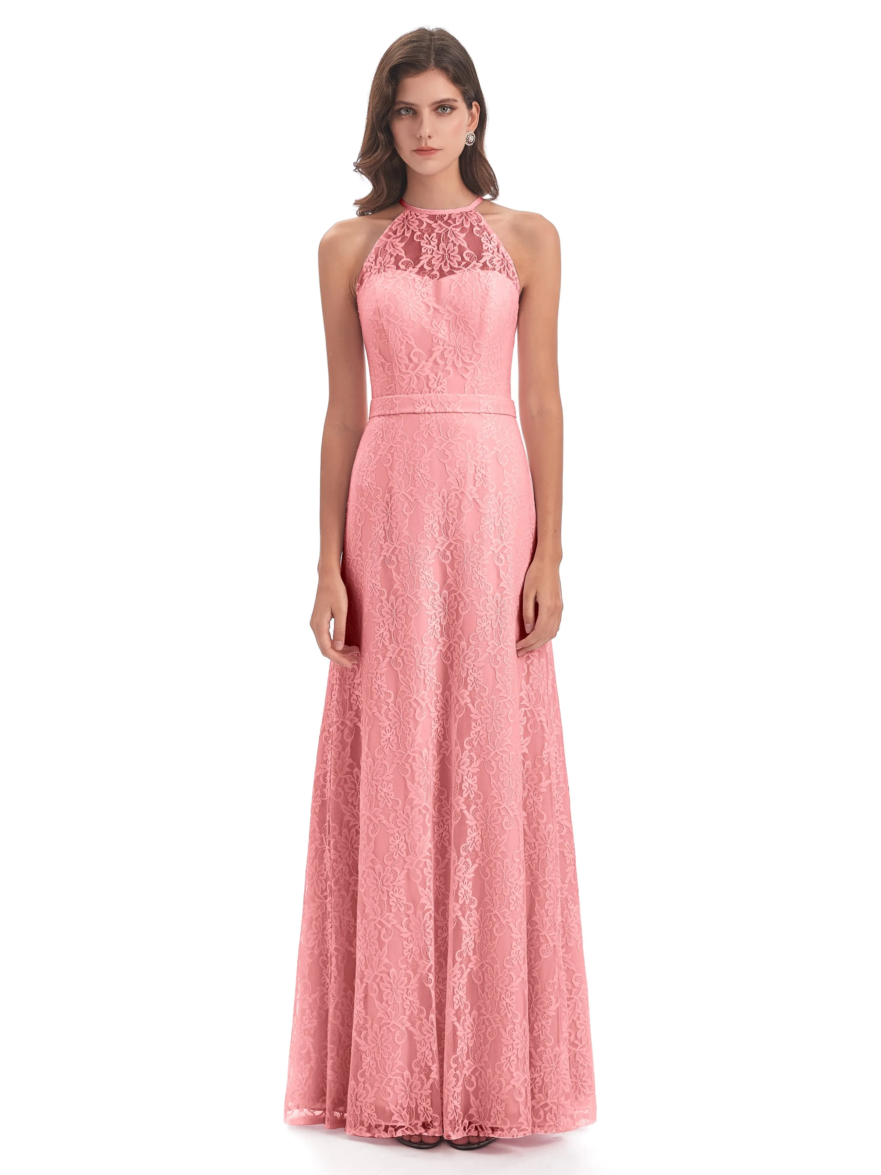 Lily Lace Column Halter Floor-Length Bridesmaid Dresses