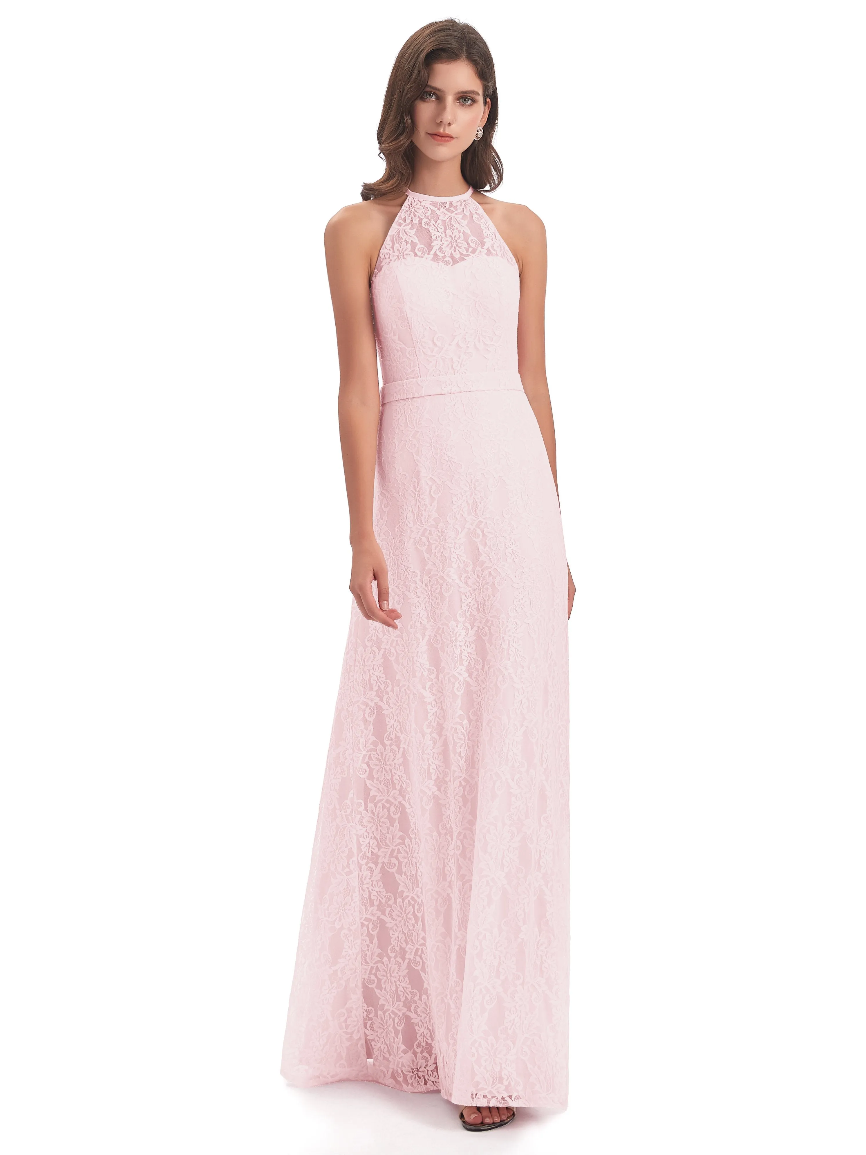 Lily Lace Column Halter Floor-Length Bridesmaid Dresses