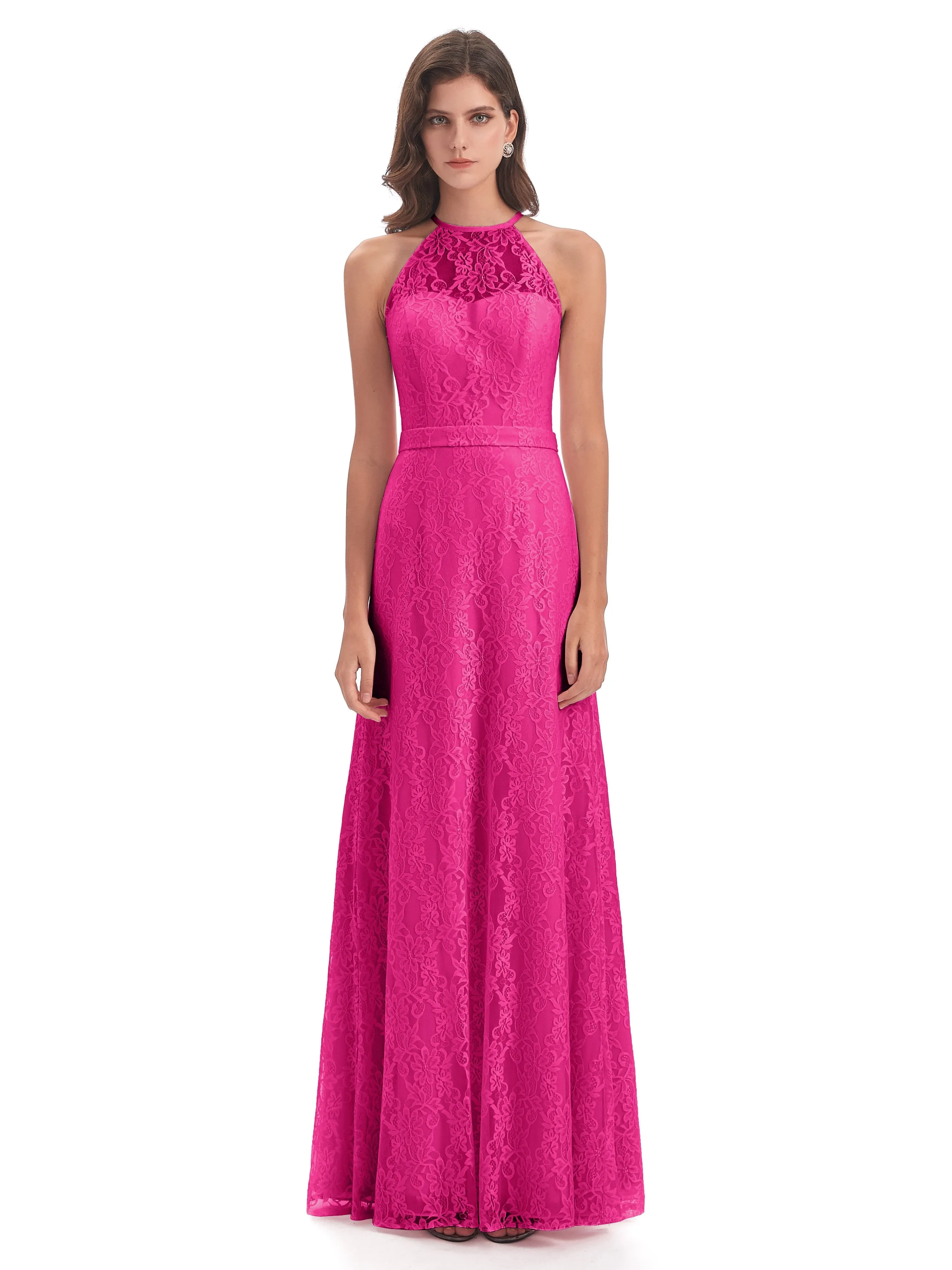 Lily Lace Column Halter Floor-Length Bridesmaid Dresses