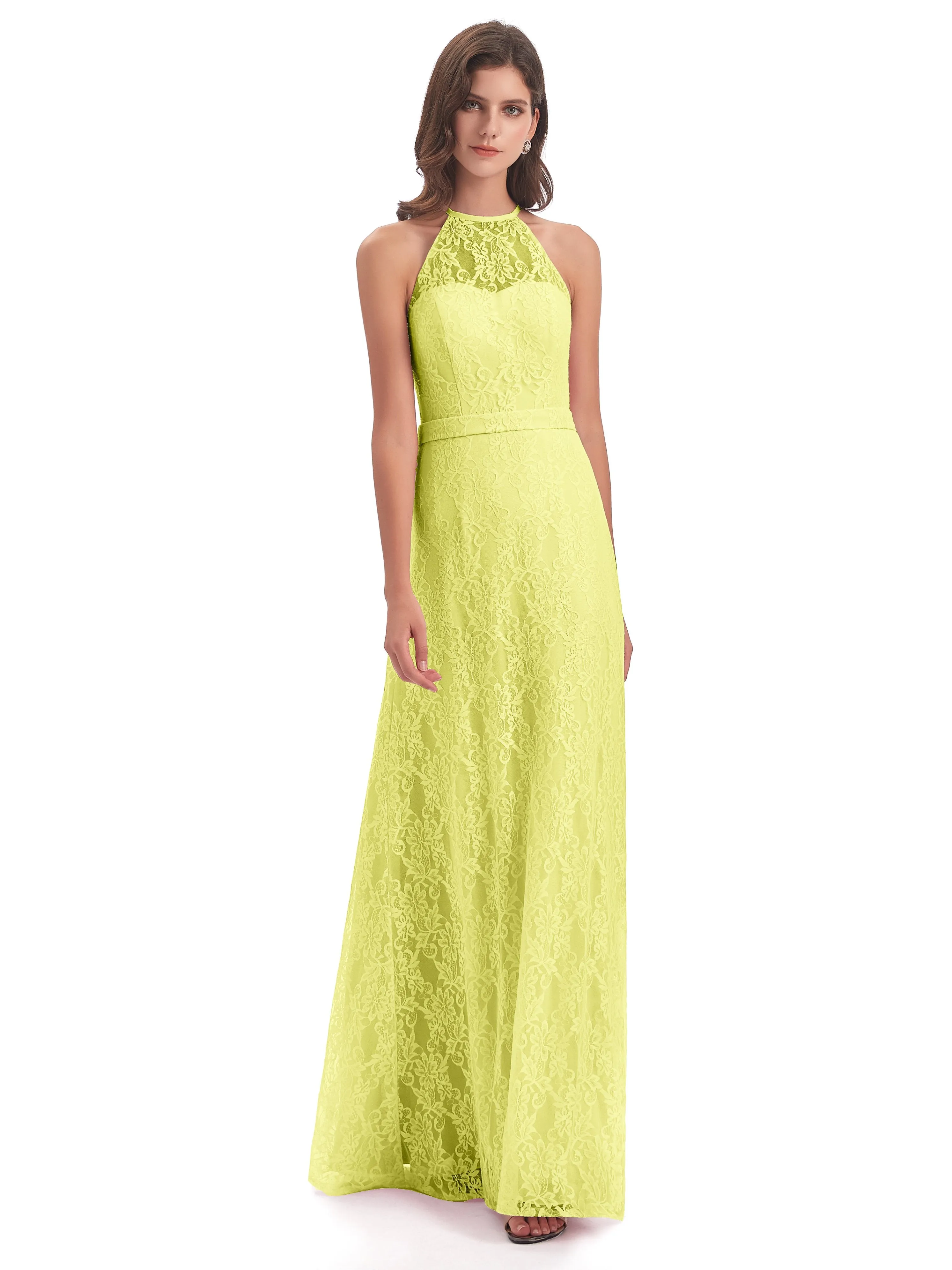 Lily Lace Column Halter Floor-Length Bridesmaid Dresses