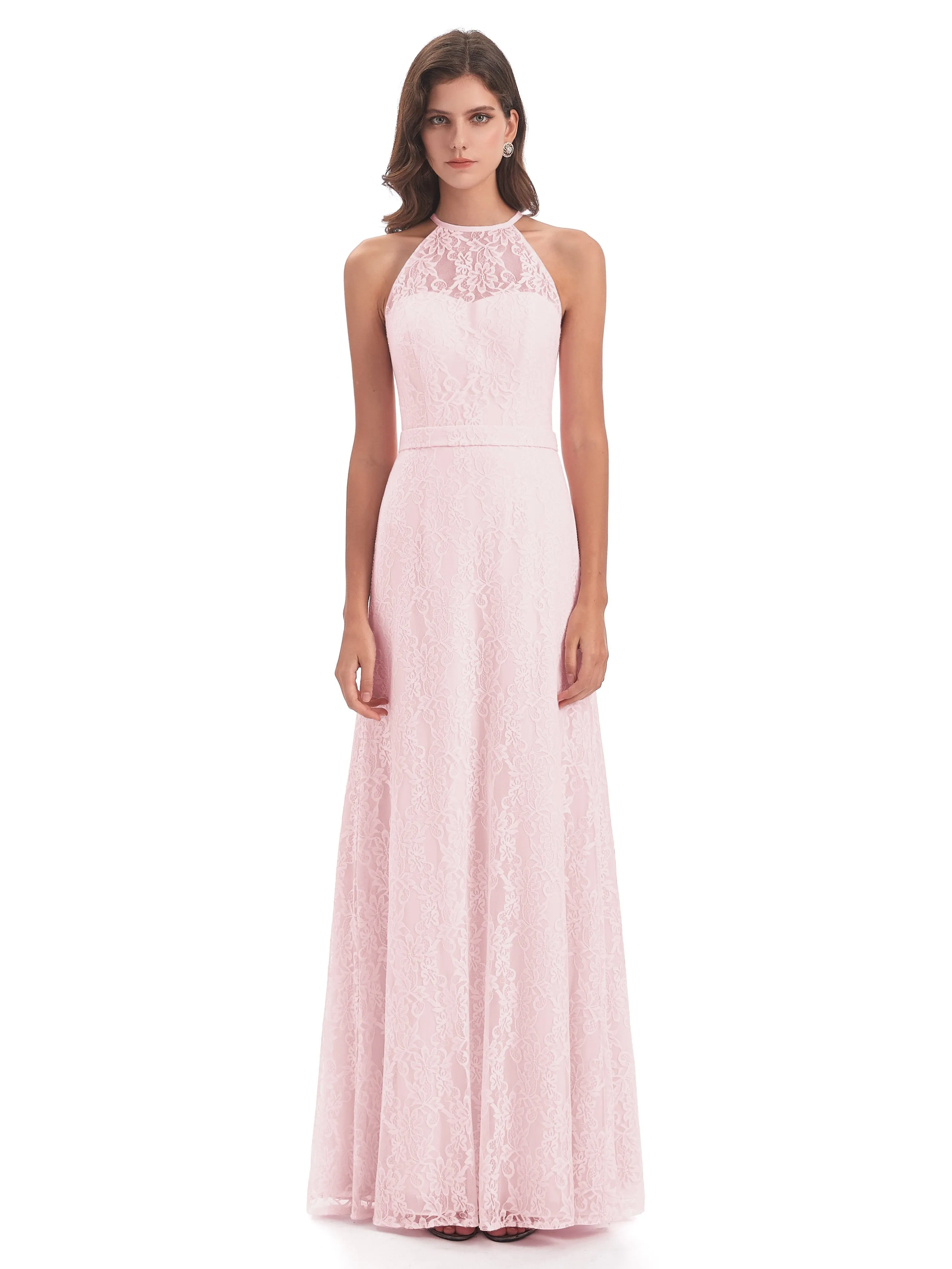 Lily Lace Column Halter Floor-Length Bridesmaid Dresses