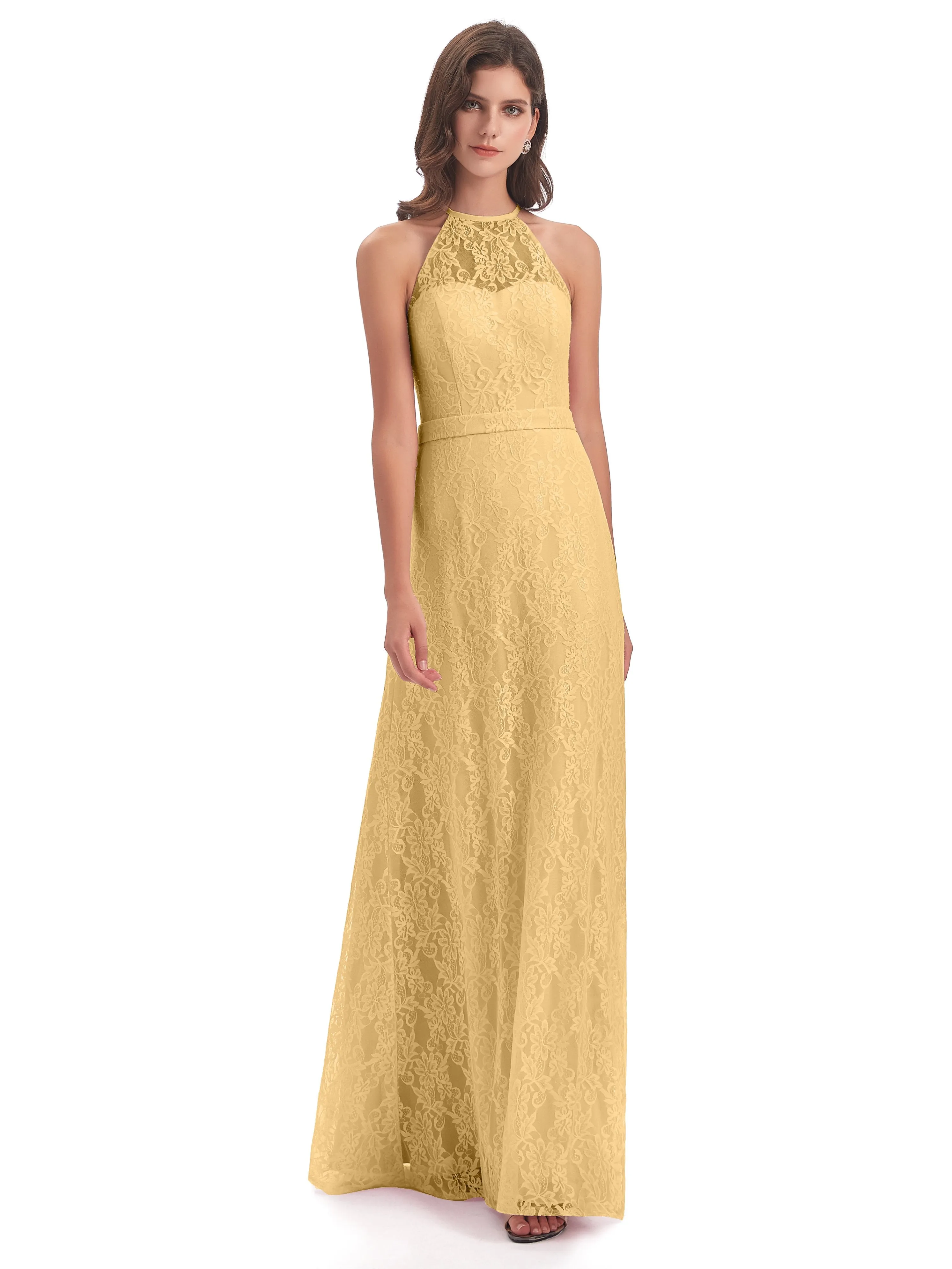 Lily Lace Column Halter Floor-Length Bridesmaid Dresses