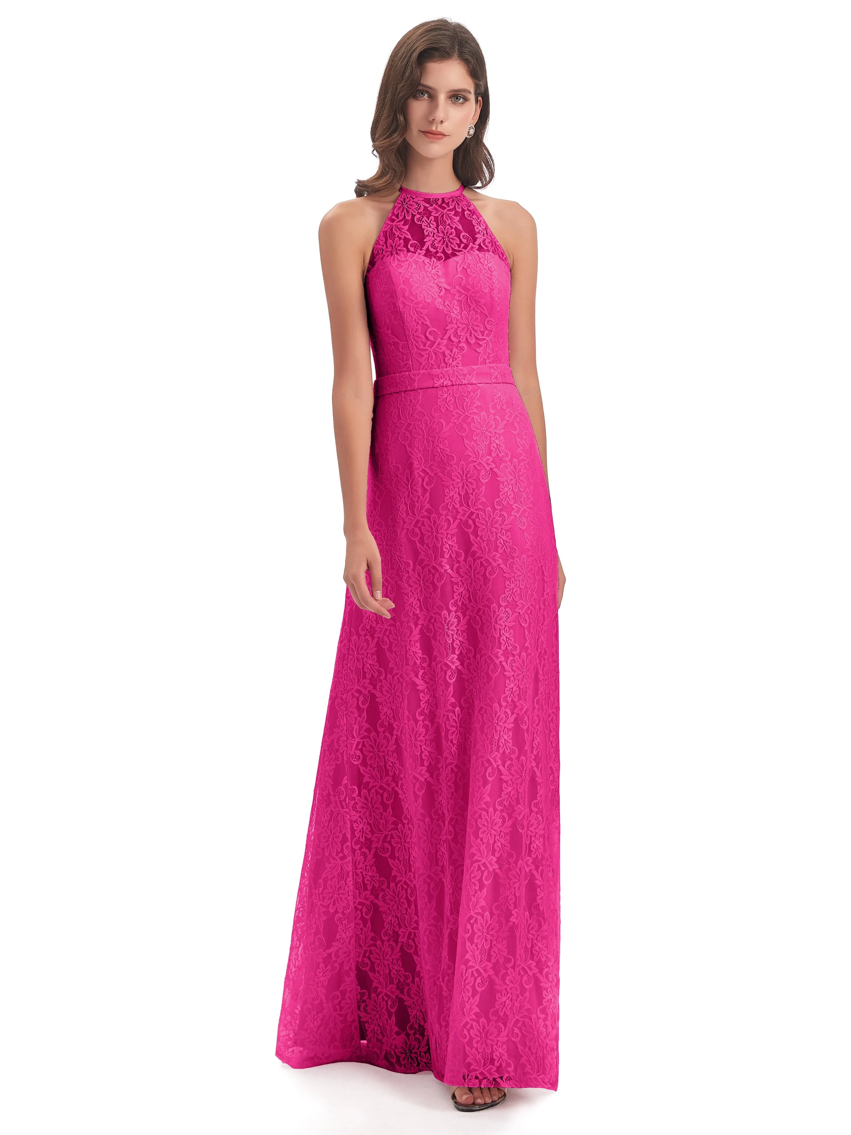 Lily Lace Column Halter Floor-Length Bridesmaid Dresses