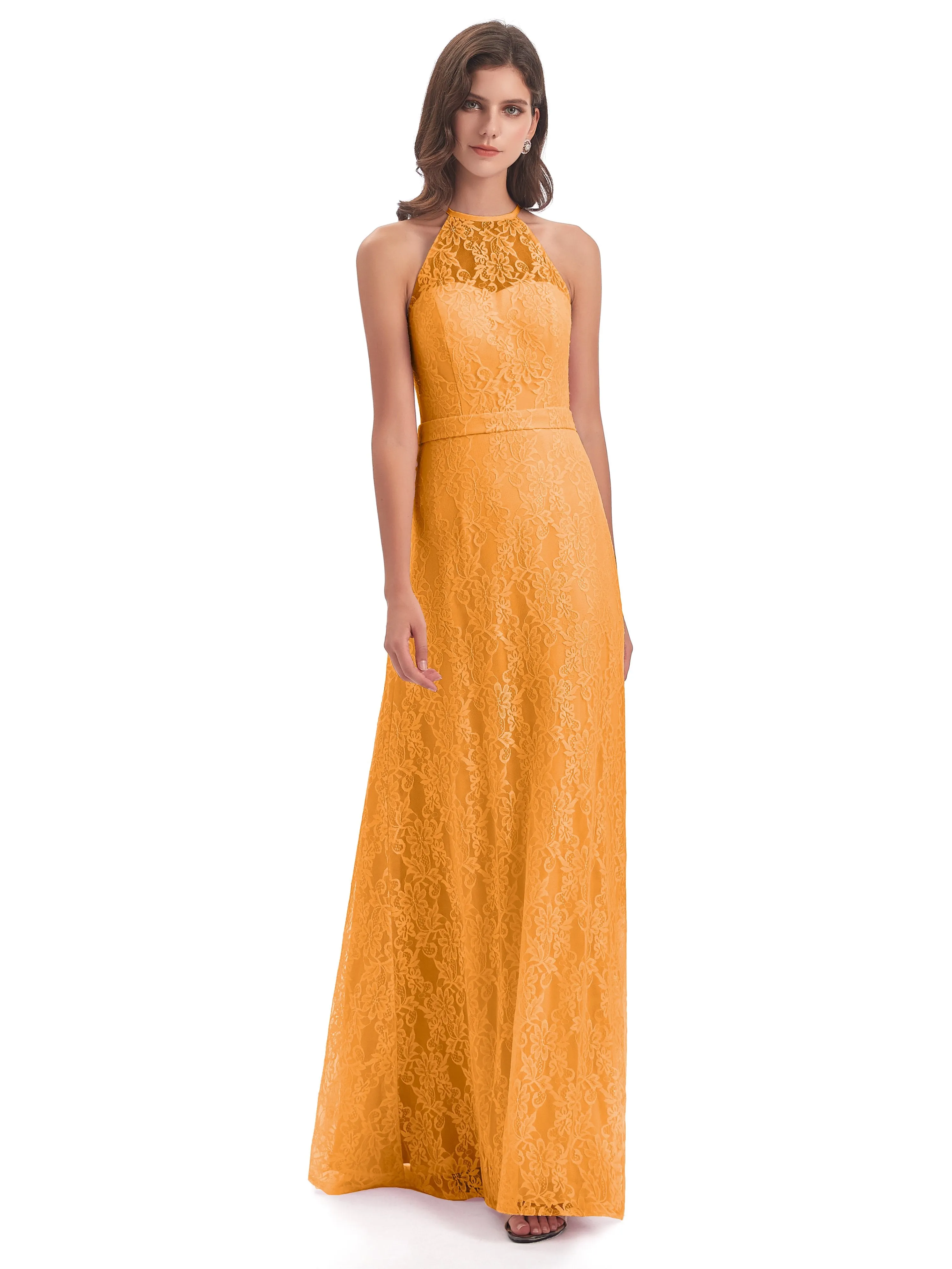 Lily Lace Column Halter Floor-Length Bridesmaid Dresses