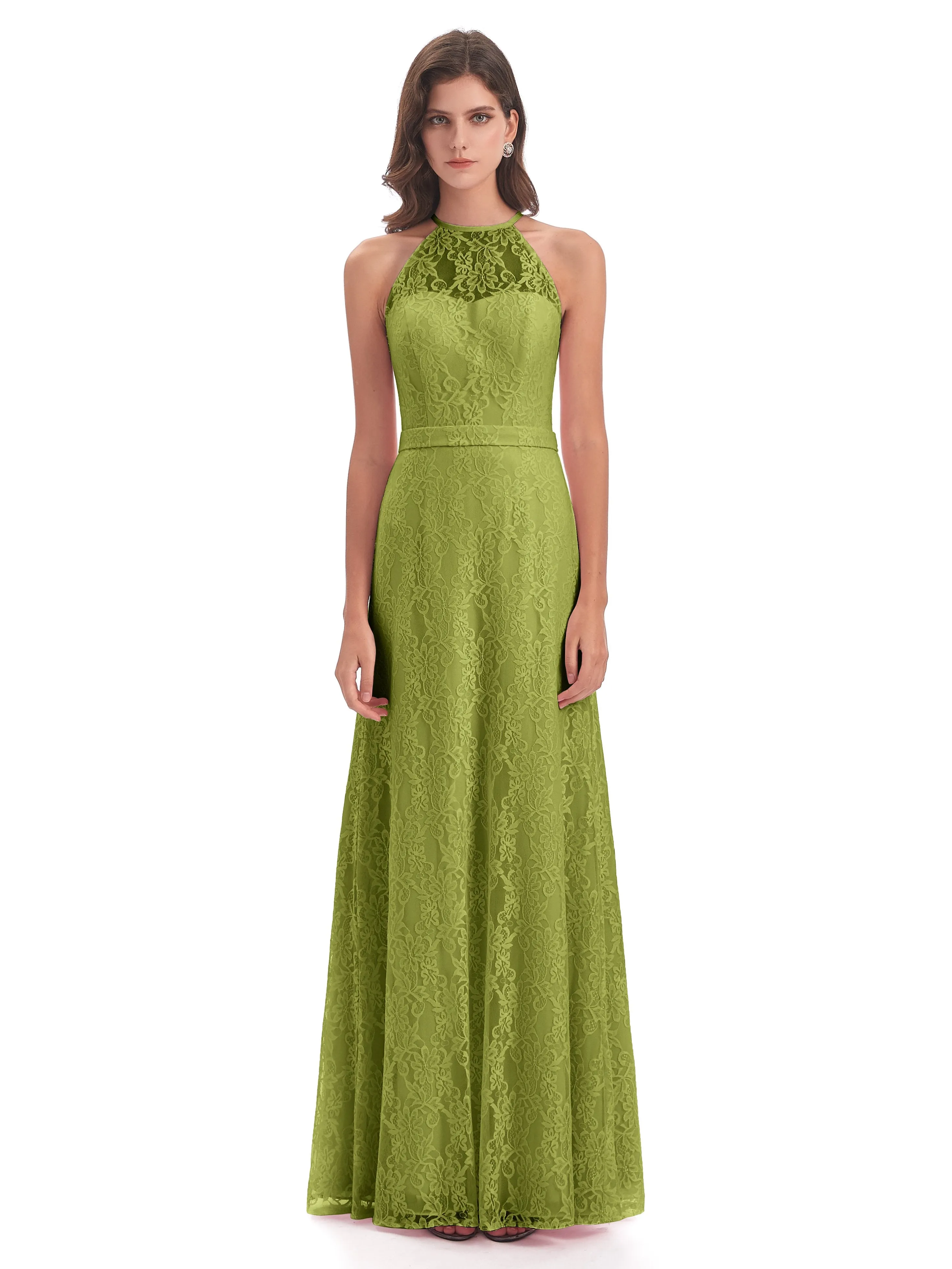 Lily Lace Column Halter Floor-Length Bridesmaid Dresses