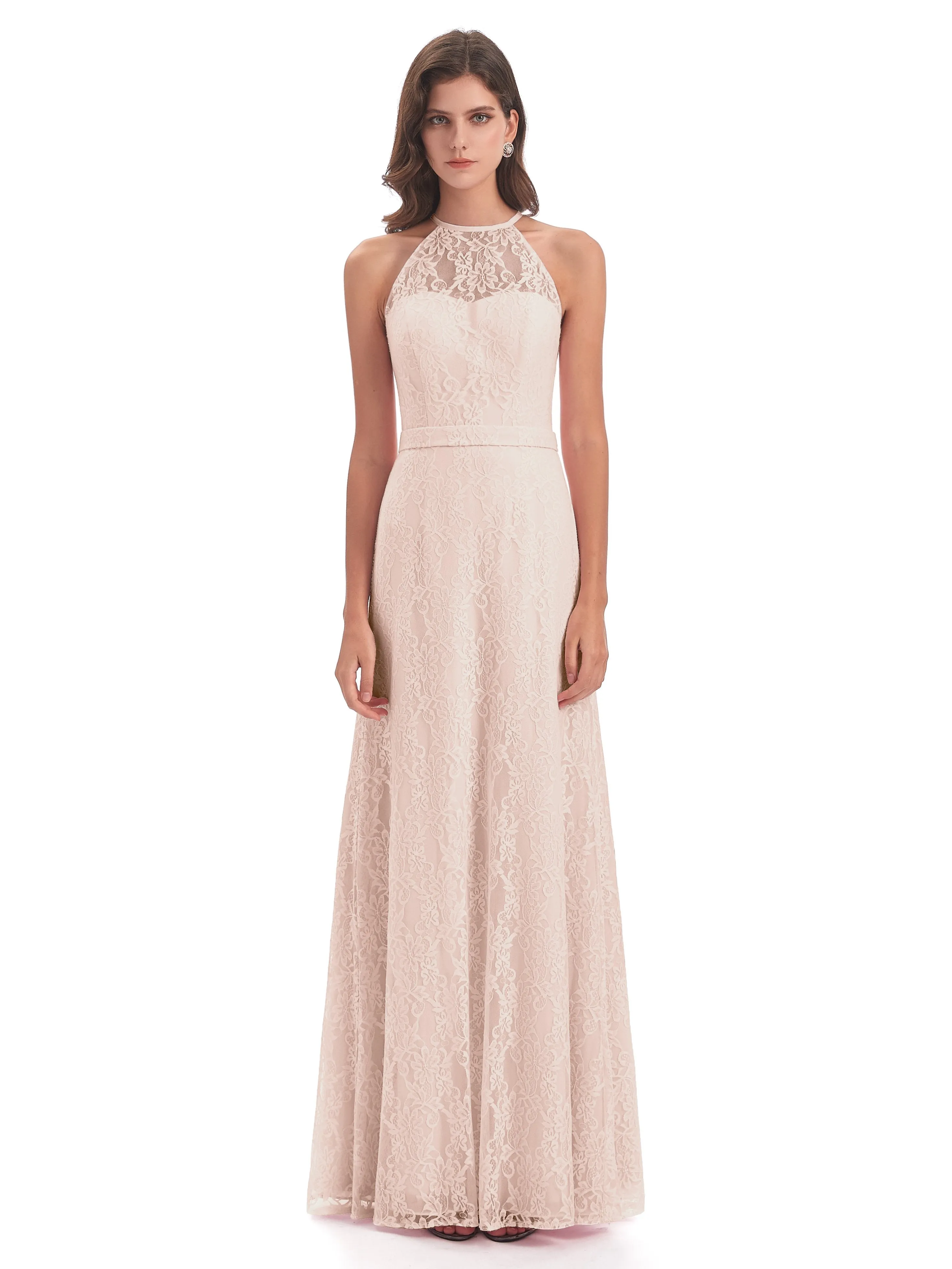 Lily Lace Column Halter Floor-Length Bridesmaid Dresses