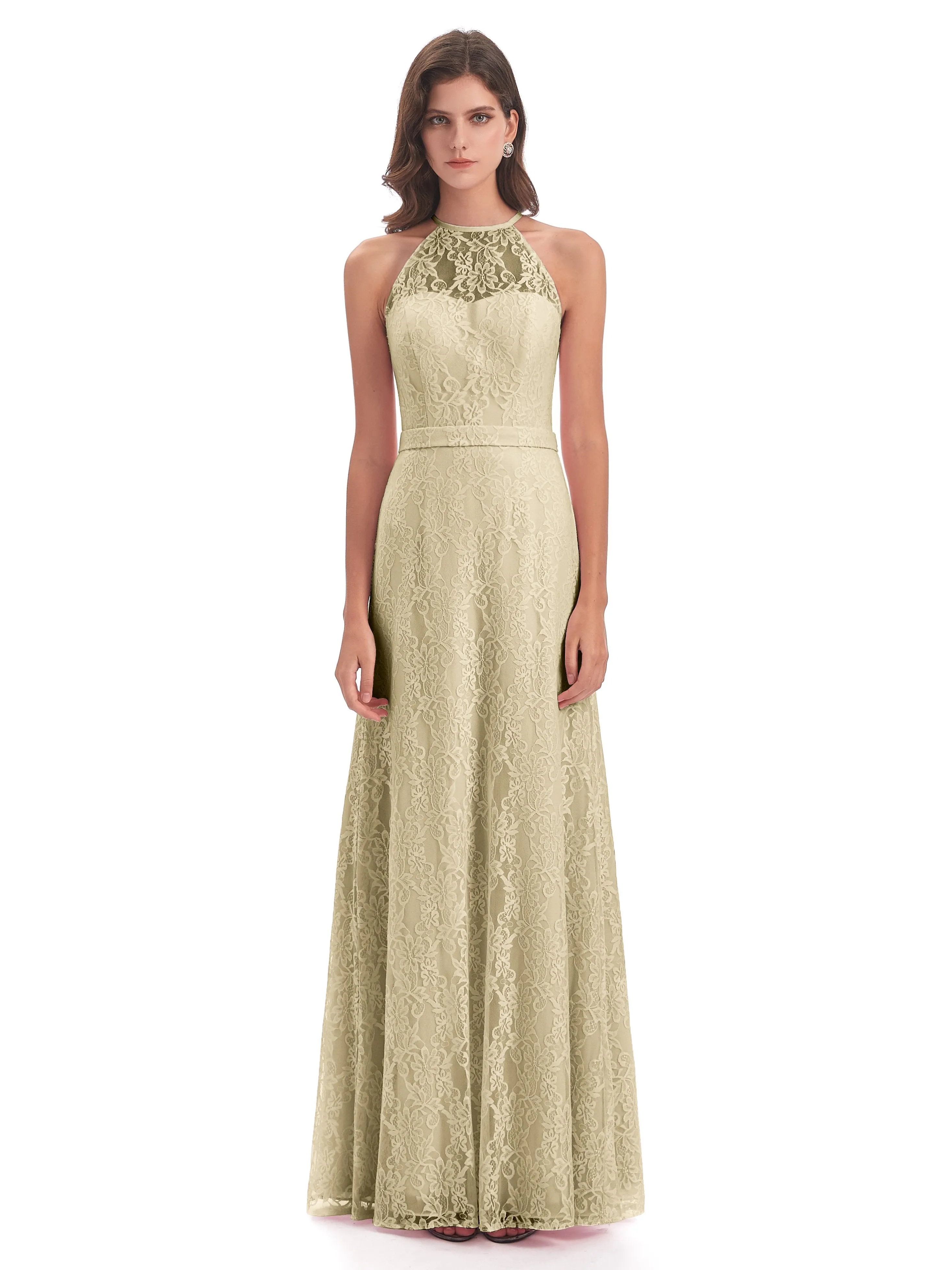 Lily Lace Column Halter Floor-Length Bridesmaid Dresses