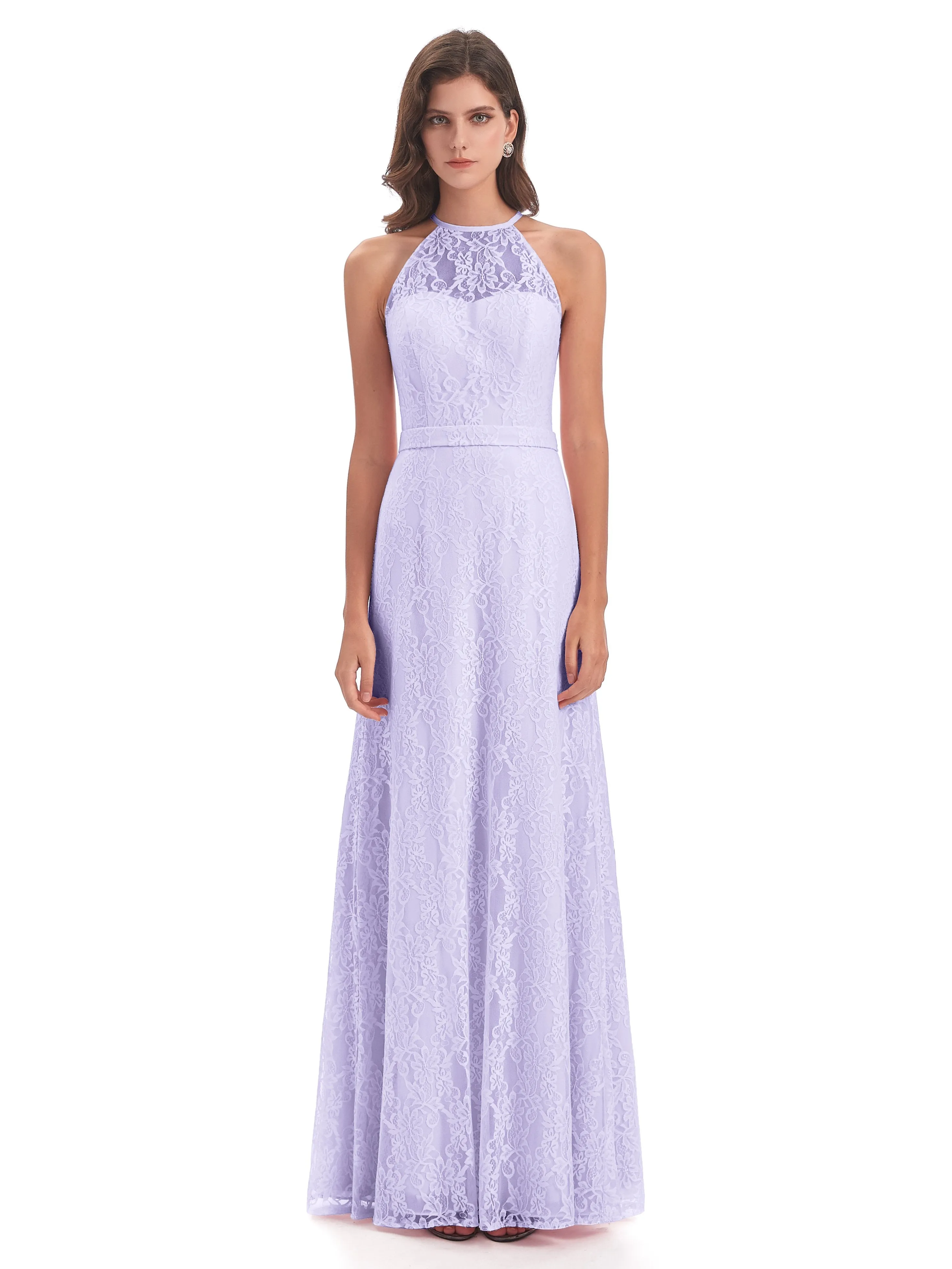 Lily Lace Column Halter Floor-Length Bridesmaid Dresses