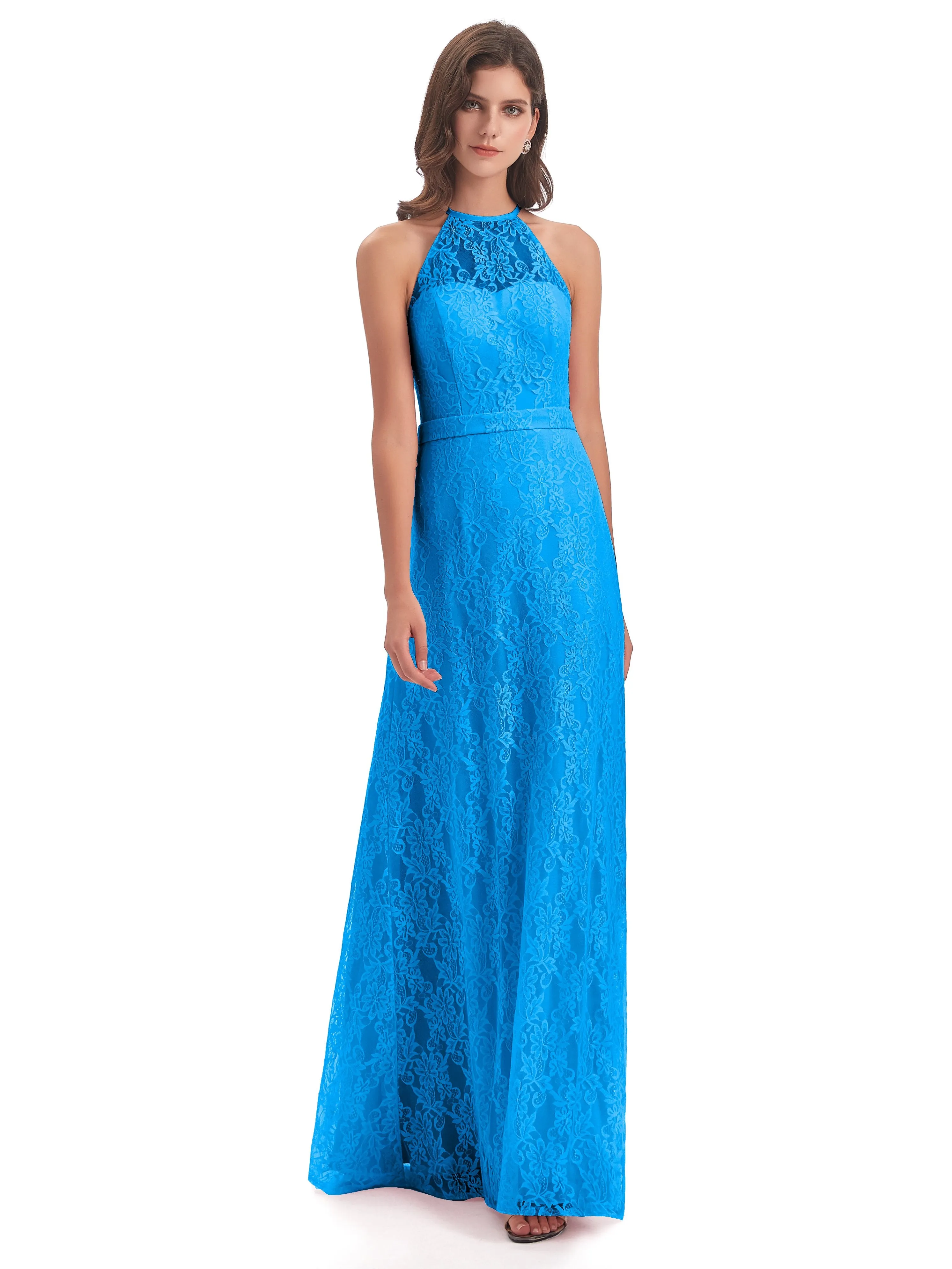 Lily Lace Column Halter Floor-Length Bridesmaid Dresses