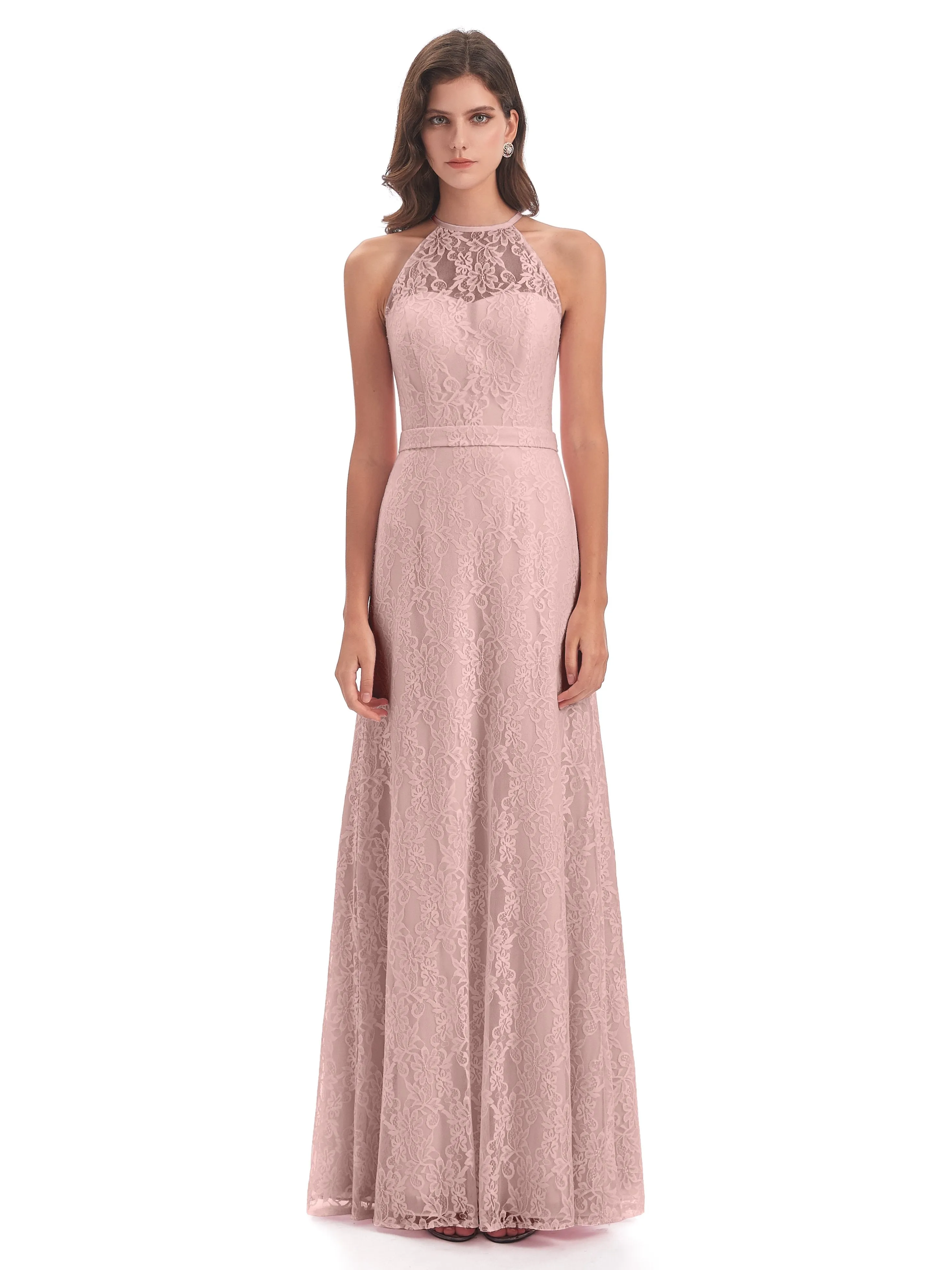 Lily Lace Column Halter Floor-Length Bridesmaid Dresses