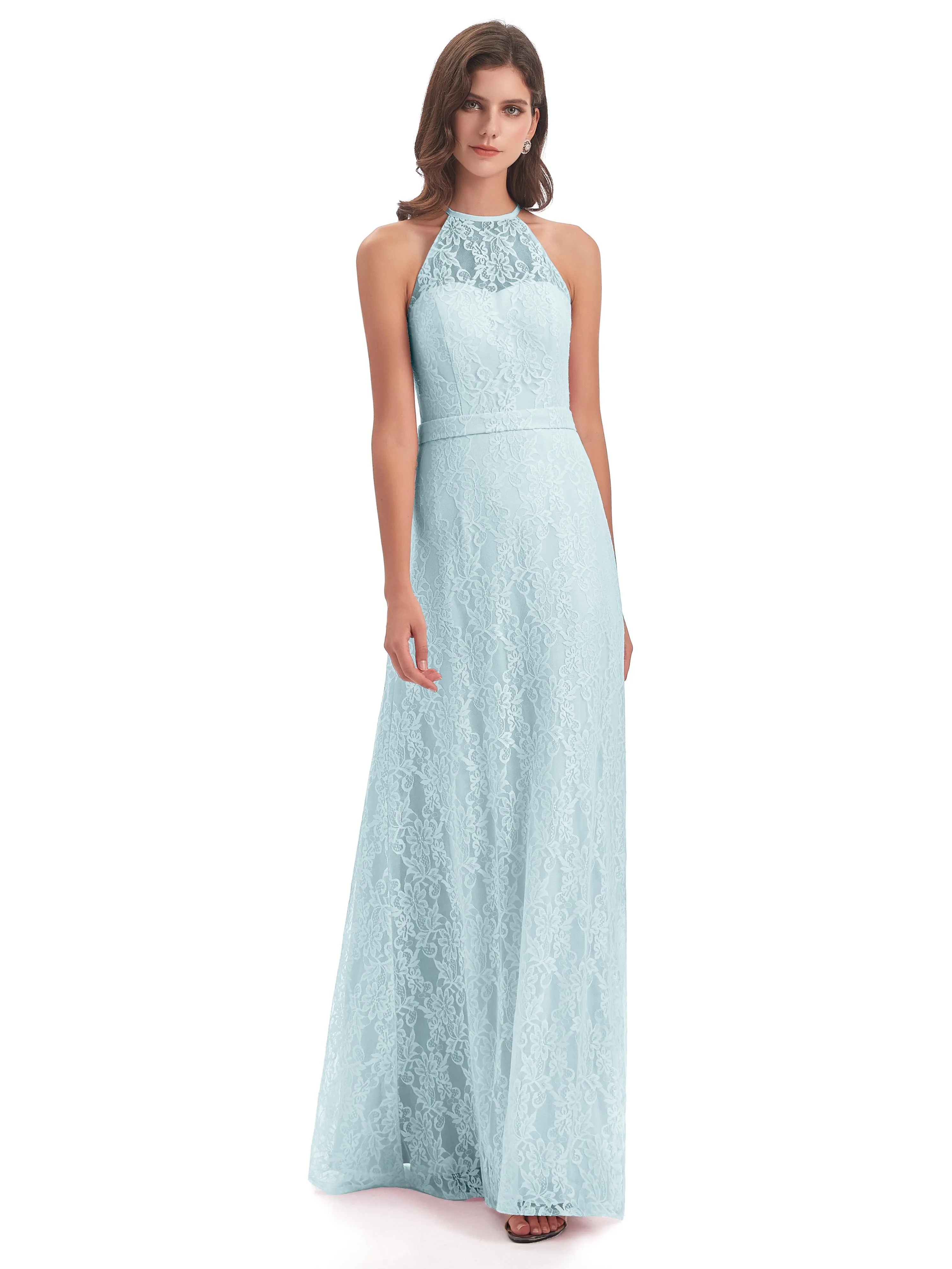 Lily Lace Column Halter Floor-Length Bridesmaid Dresses