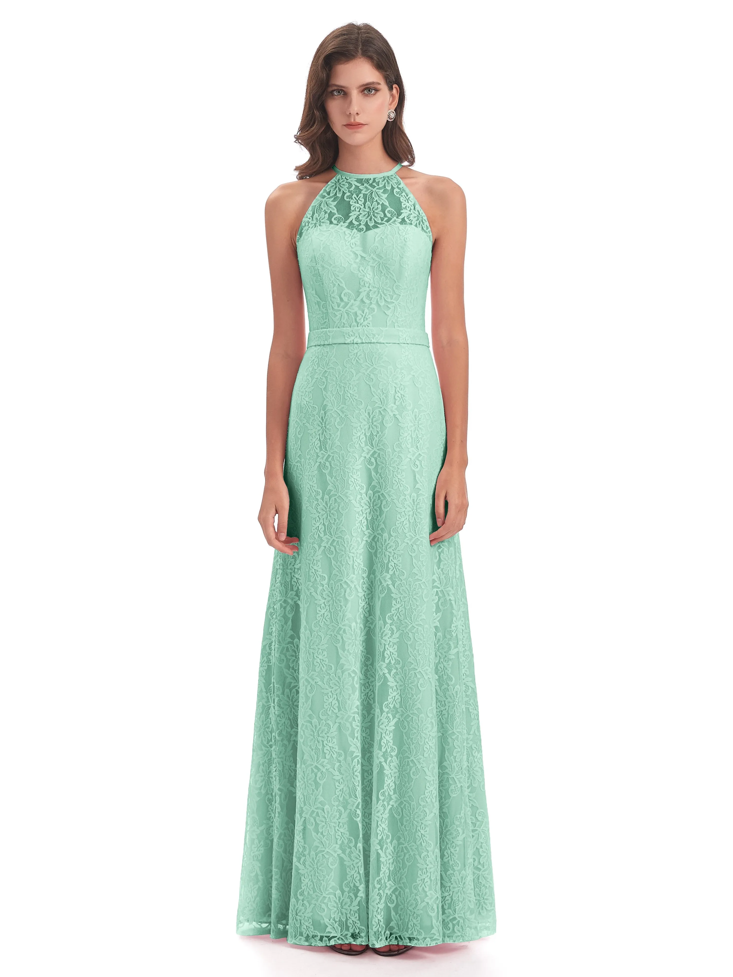 Lily Lace Column Halter Floor-Length Bridesmaid Dresses