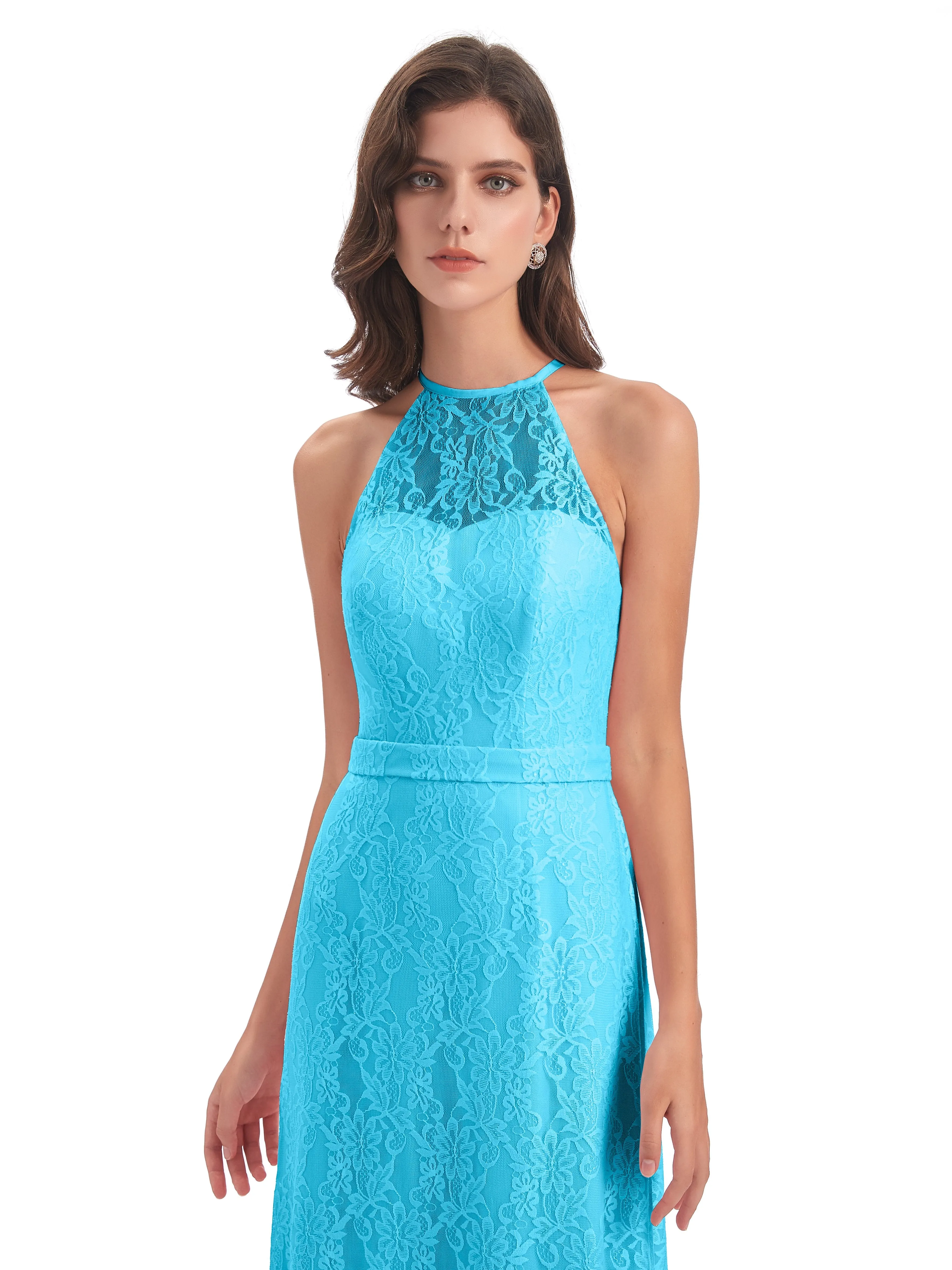 Lily Lace Column Halter Floor-Length Bridesmaid Dresses