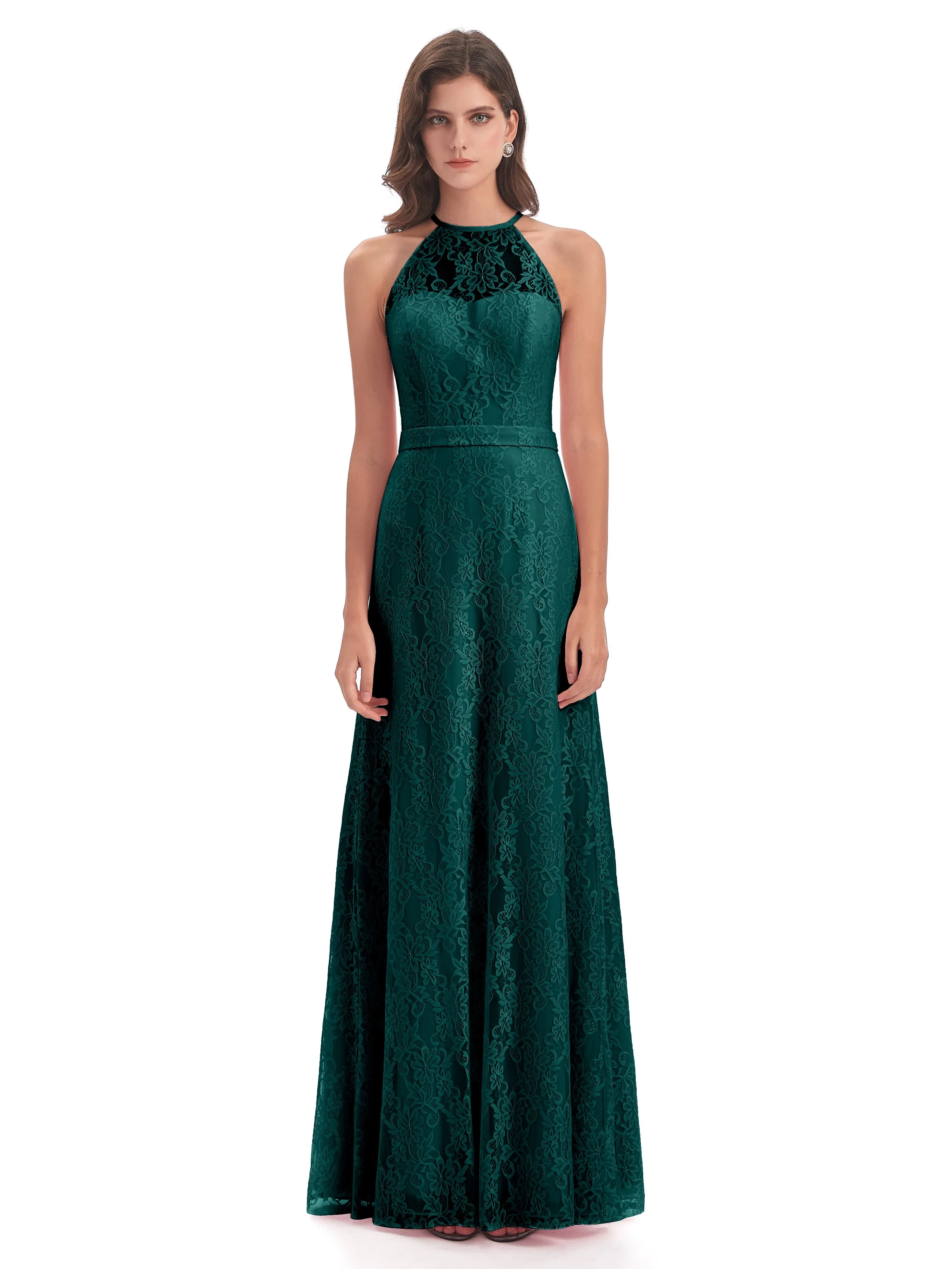 Lily Lace Column Halter Floor-Length Bridesmaid Dresses